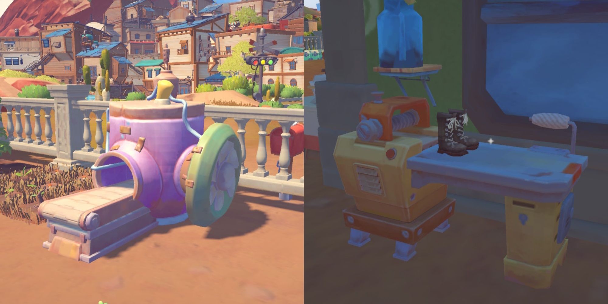 Split image featuring a regular Refiner in a player's yard next to a small garden and a pair of newly crafted Explorer Boots sitting on a Tailoring Machine in My Time At Sandrock.