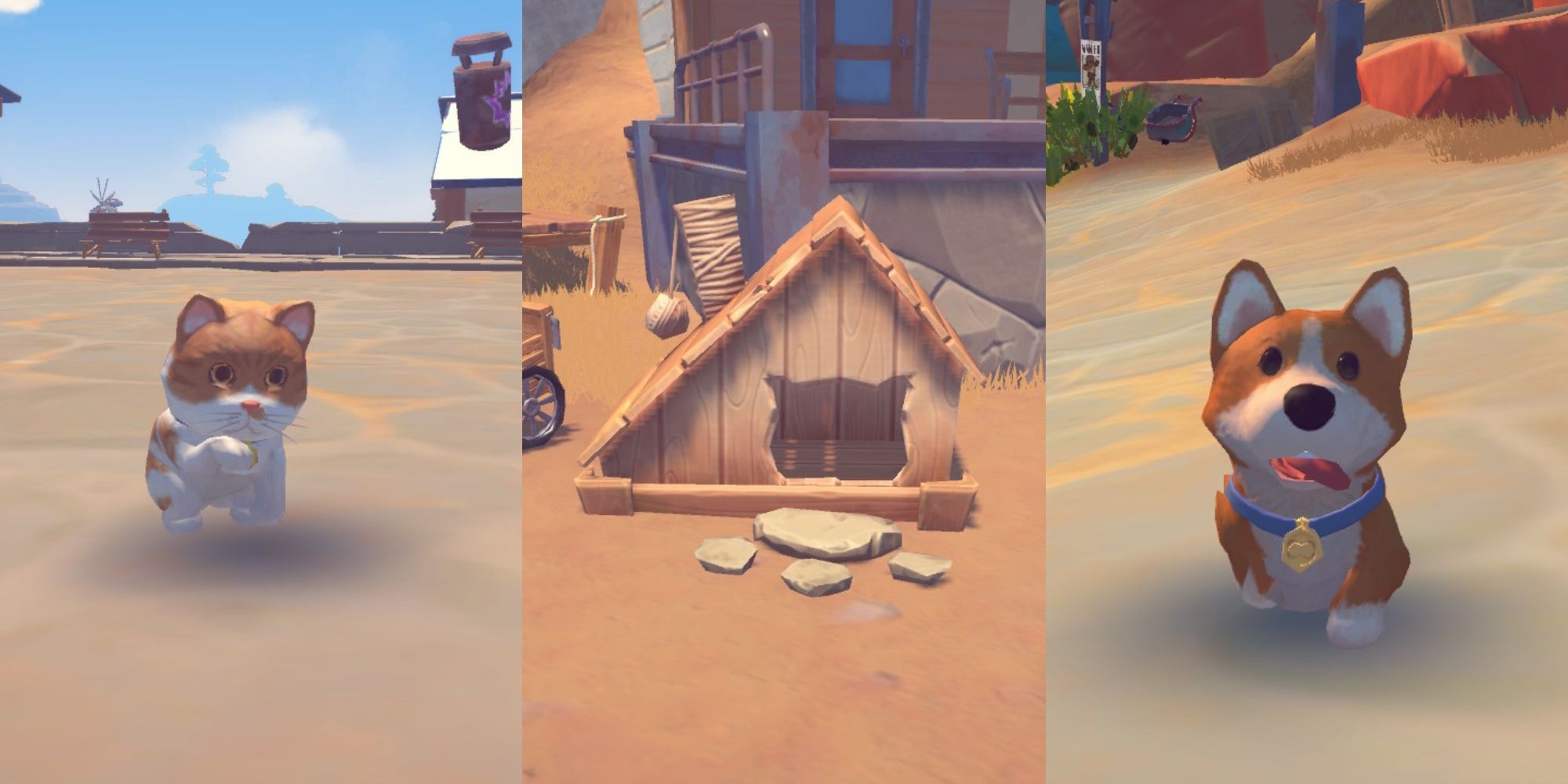 Split image featuring a white and orange cat named Banjo licking its paw, an Animal House set in Sandrock, and an orange and white dog named Nemo walking around in My Time At Sandrock.