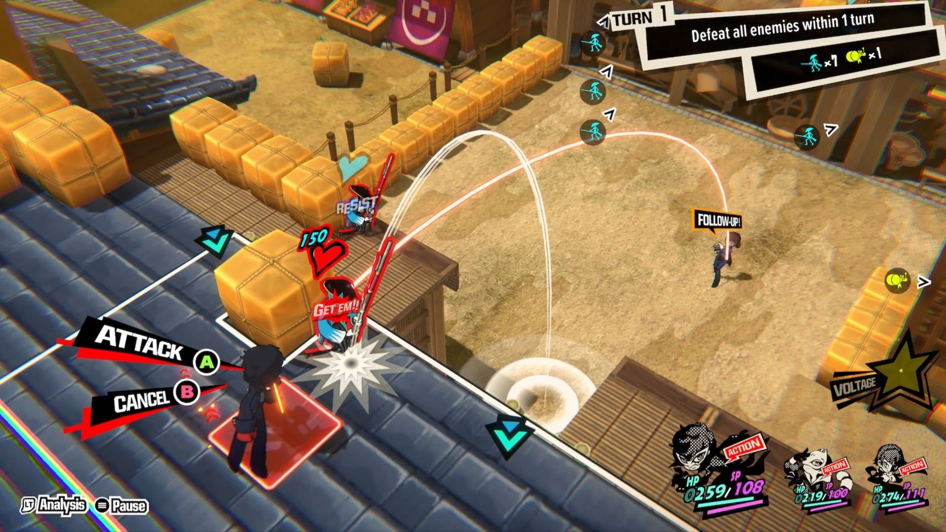 Joker knocking an enemy down for Makoto to perform a follow-up in Persona 5 Tactica.