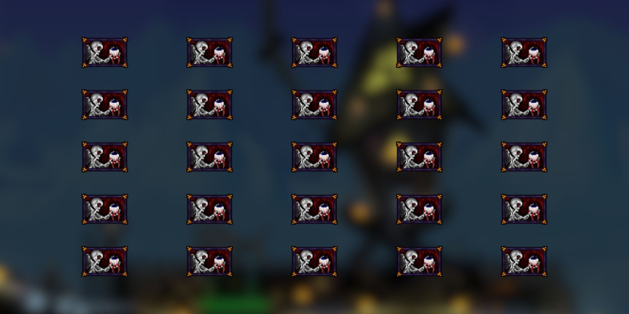 A grid of mostly white and red Morbid Curiosity paintings from Terraria.