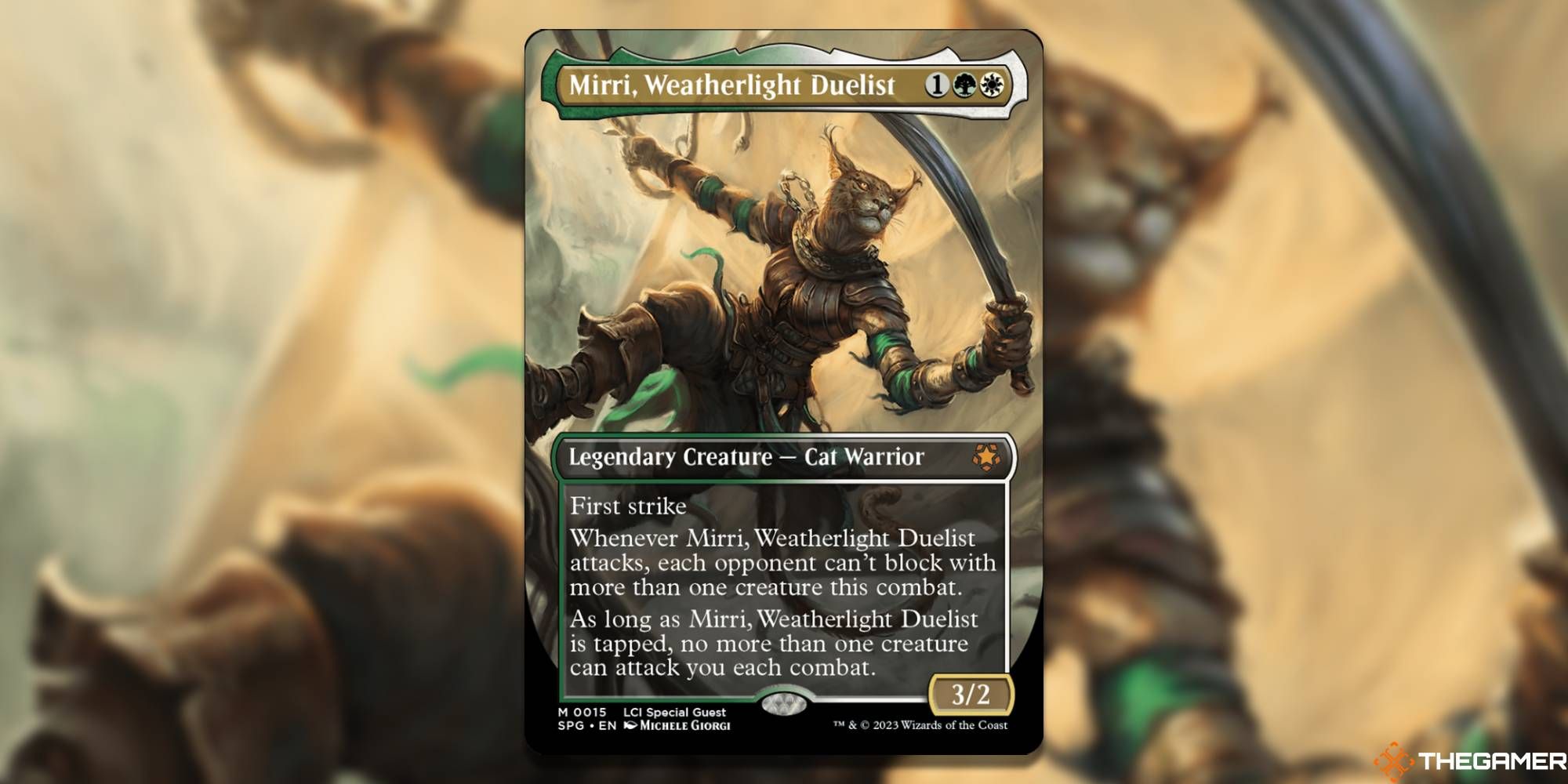 MTG Mirri, Weatherlight Duelist card and art background
