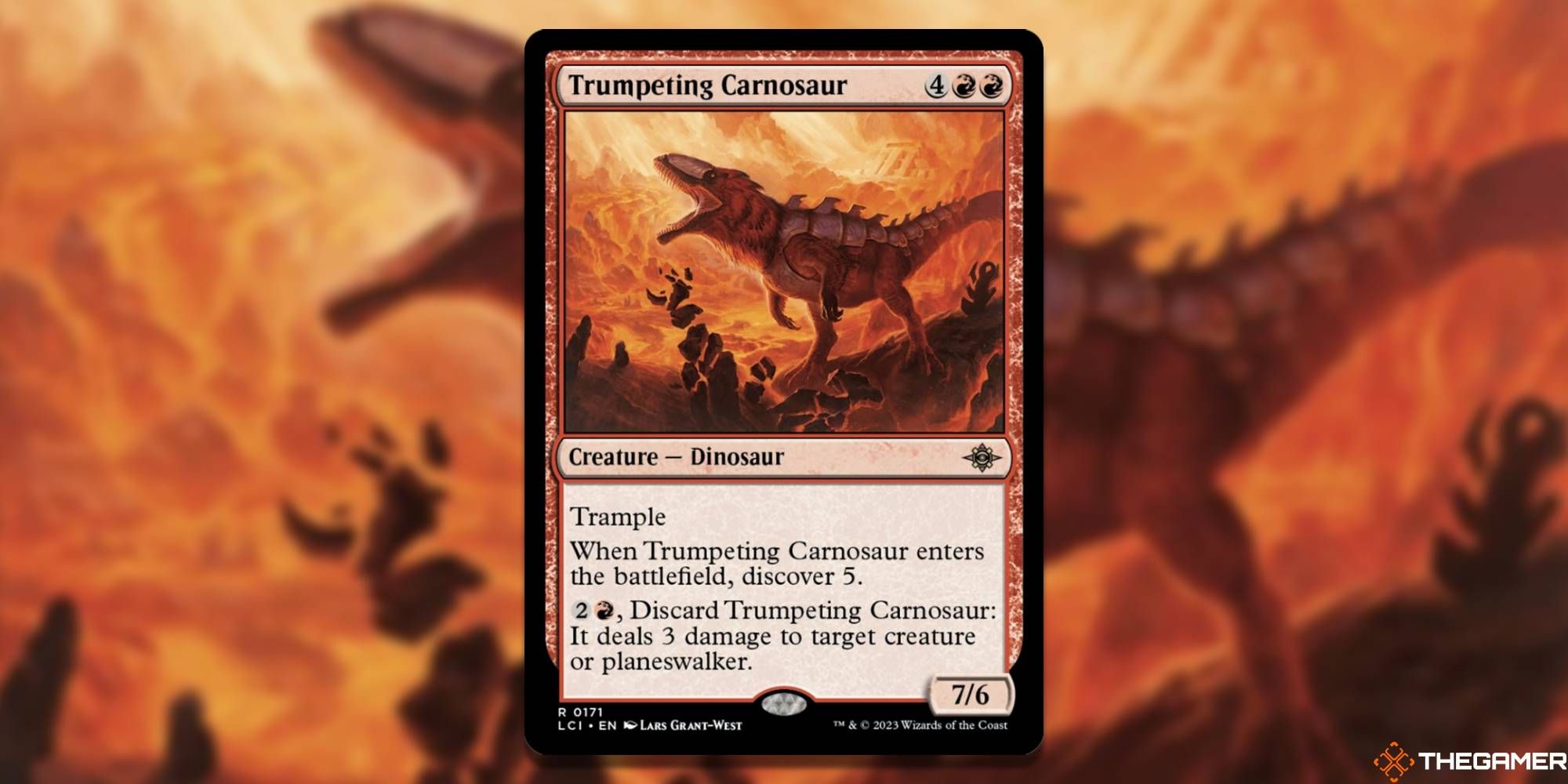 MTG Trumpeting Carnosaur card and art background