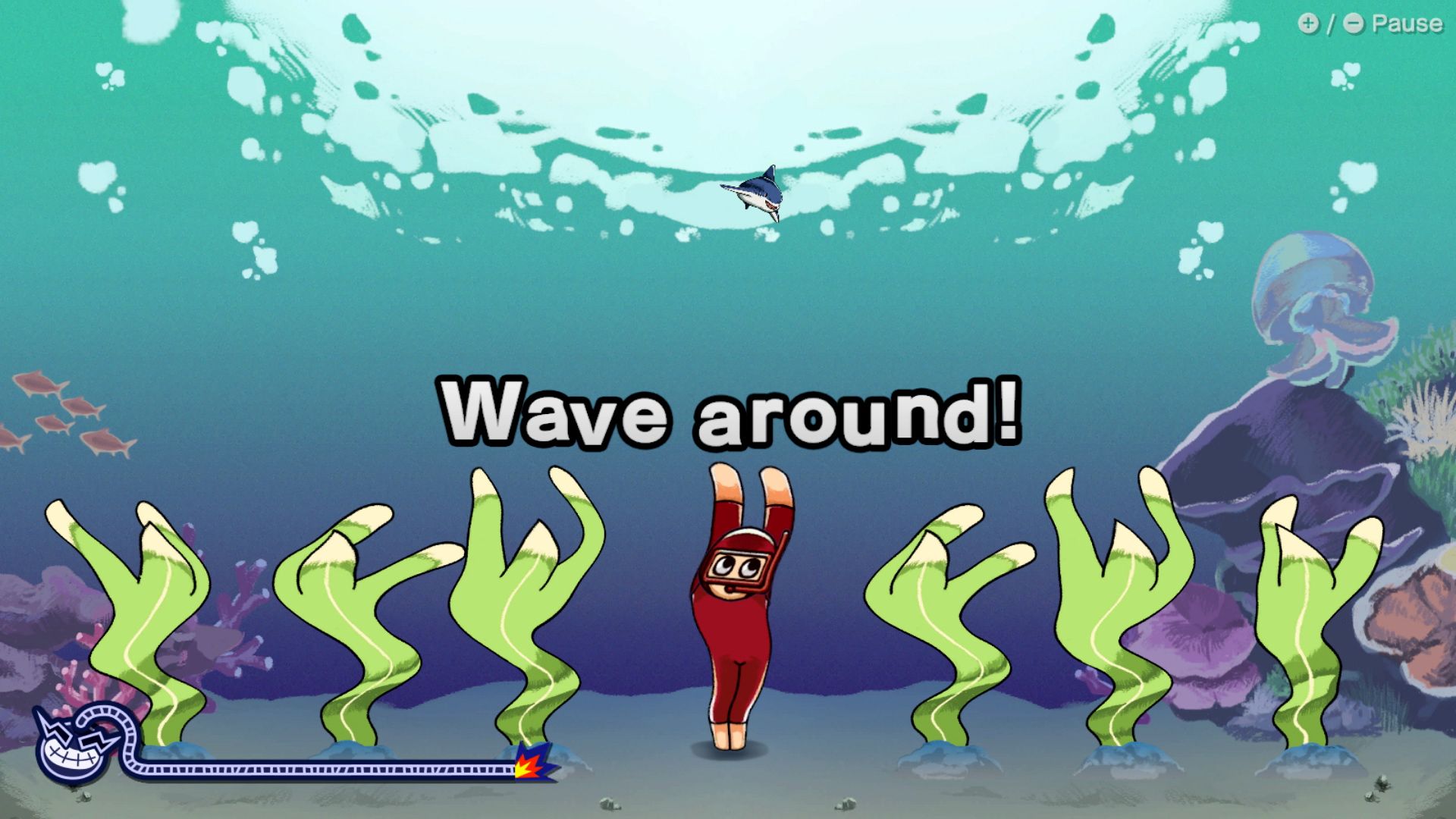WarioWare Move It dancing on the ocean floor game.
