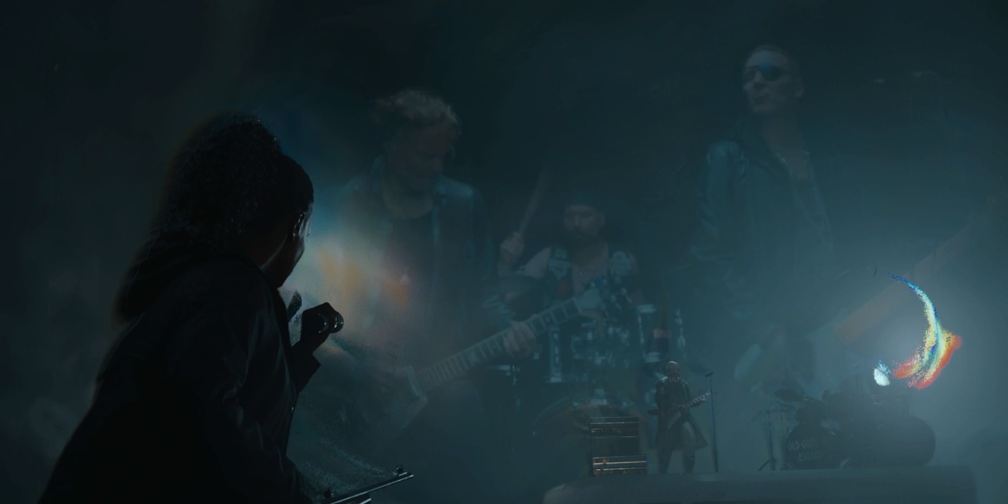 Old Gods Of Asgard Playing At Lake Cauldron, Live-Action musicians shown over them