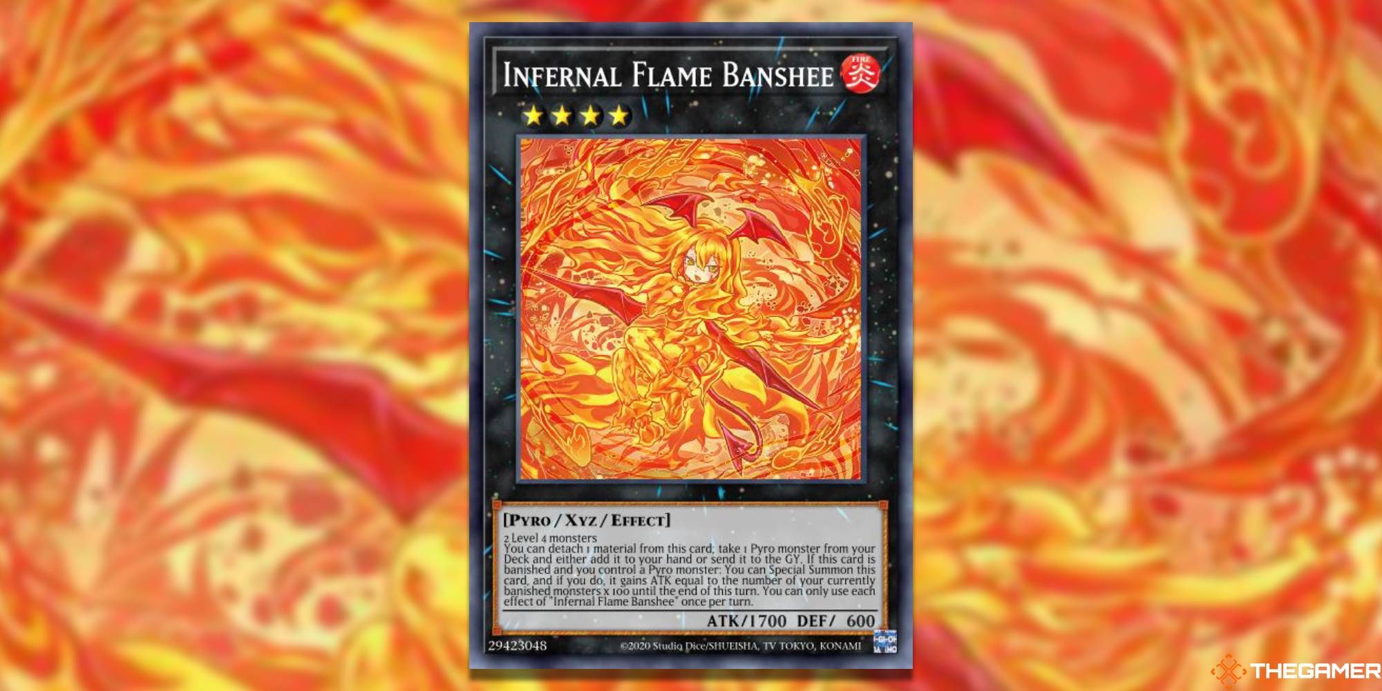 Yu-Gi-Oh! Card: Infernal Flame Banshee (With TheGamer Logo and Card Art Background)