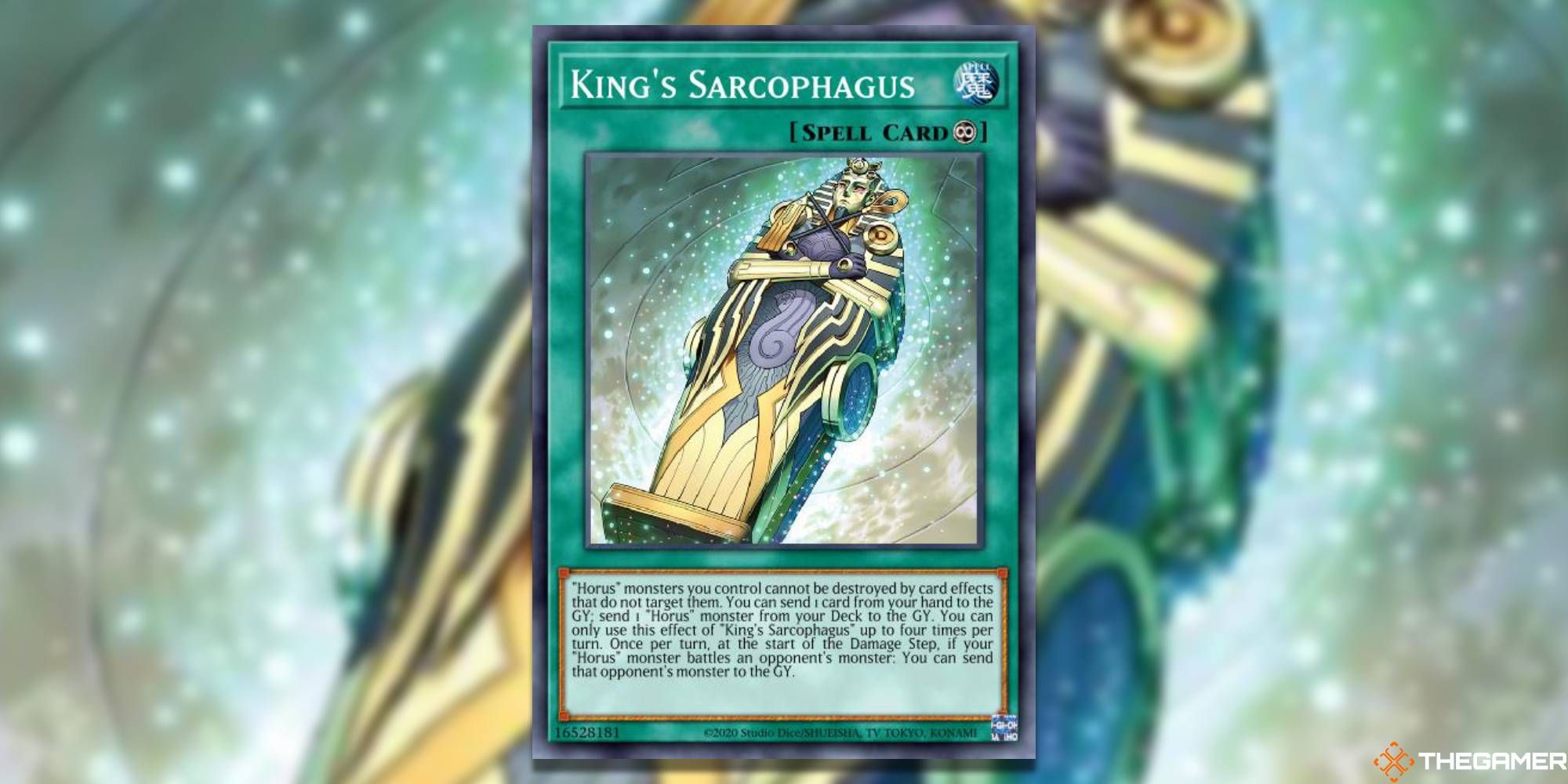 Yu-Gi-Oh! Card: King's Sarcophagus (With TheGamer Logo and Card Art Background)