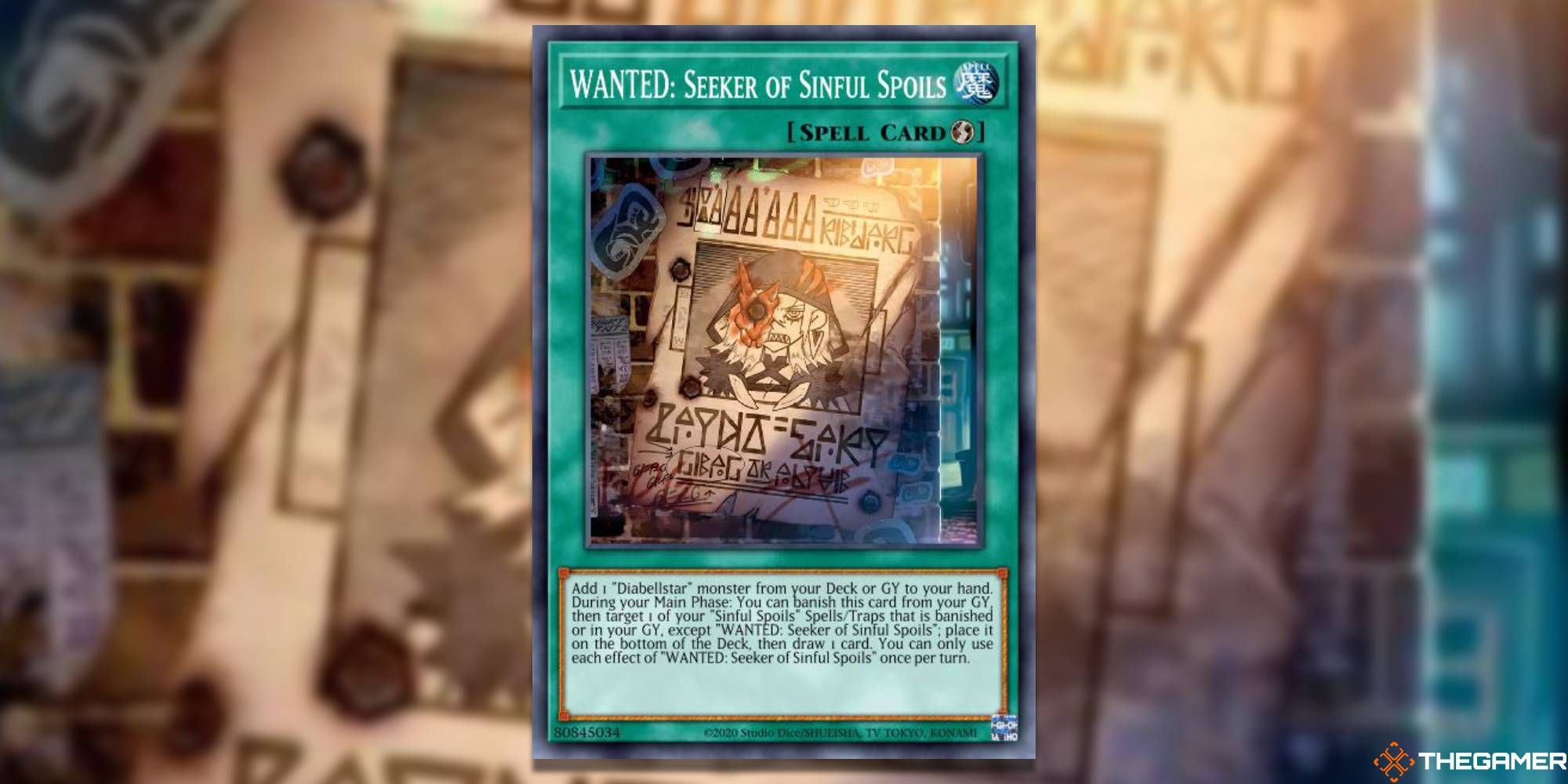 Yu-Gi-Oh! Card: WANTED: Seeker Of Sunful Spoils (With TheGamer Logo and Card Art Background)