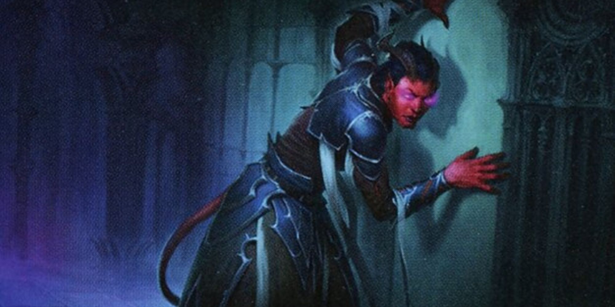 A red tiefling warlock's eyes glow as she looks through a stone wall.