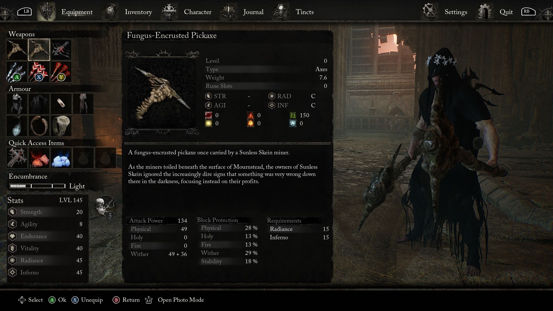 Player dual wielding Fungus-Encrusted Pickaxe Lords of the Fallen