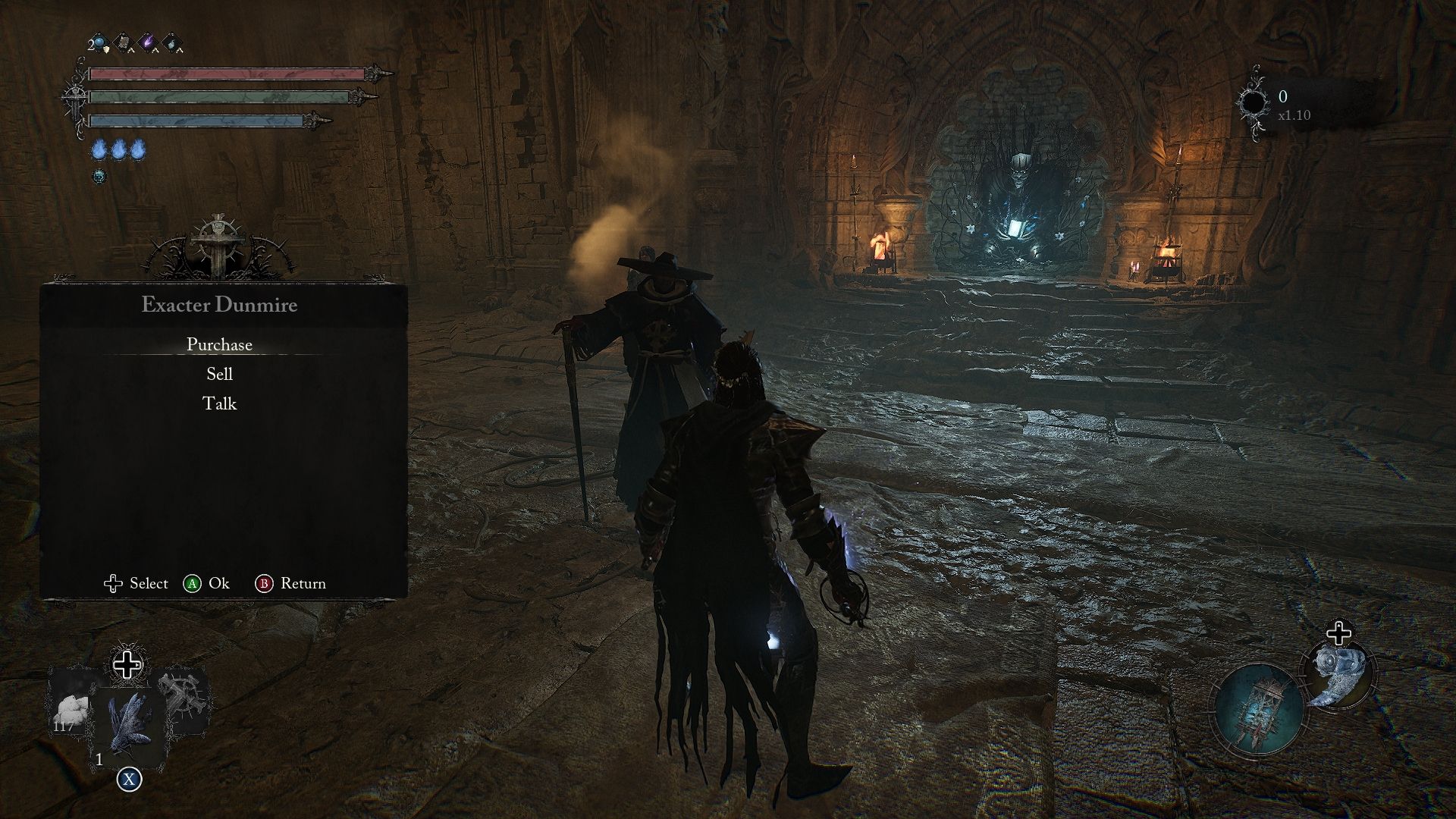 Player interacting with Exacter Dunmire at Skyrest Lords of the Fallen