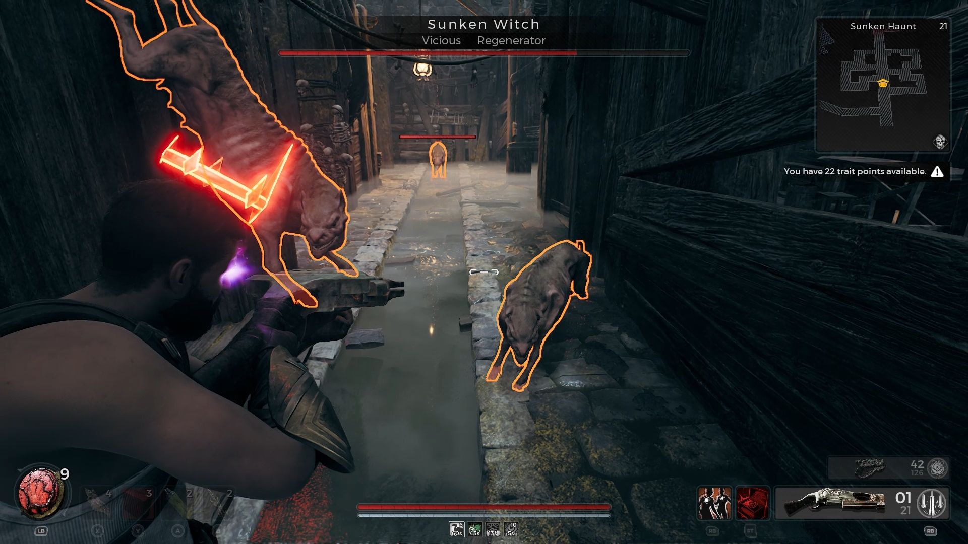 Player is about to shoot the dogs enemies the Sunken Witch summoned Remnant 2 The Awakened King