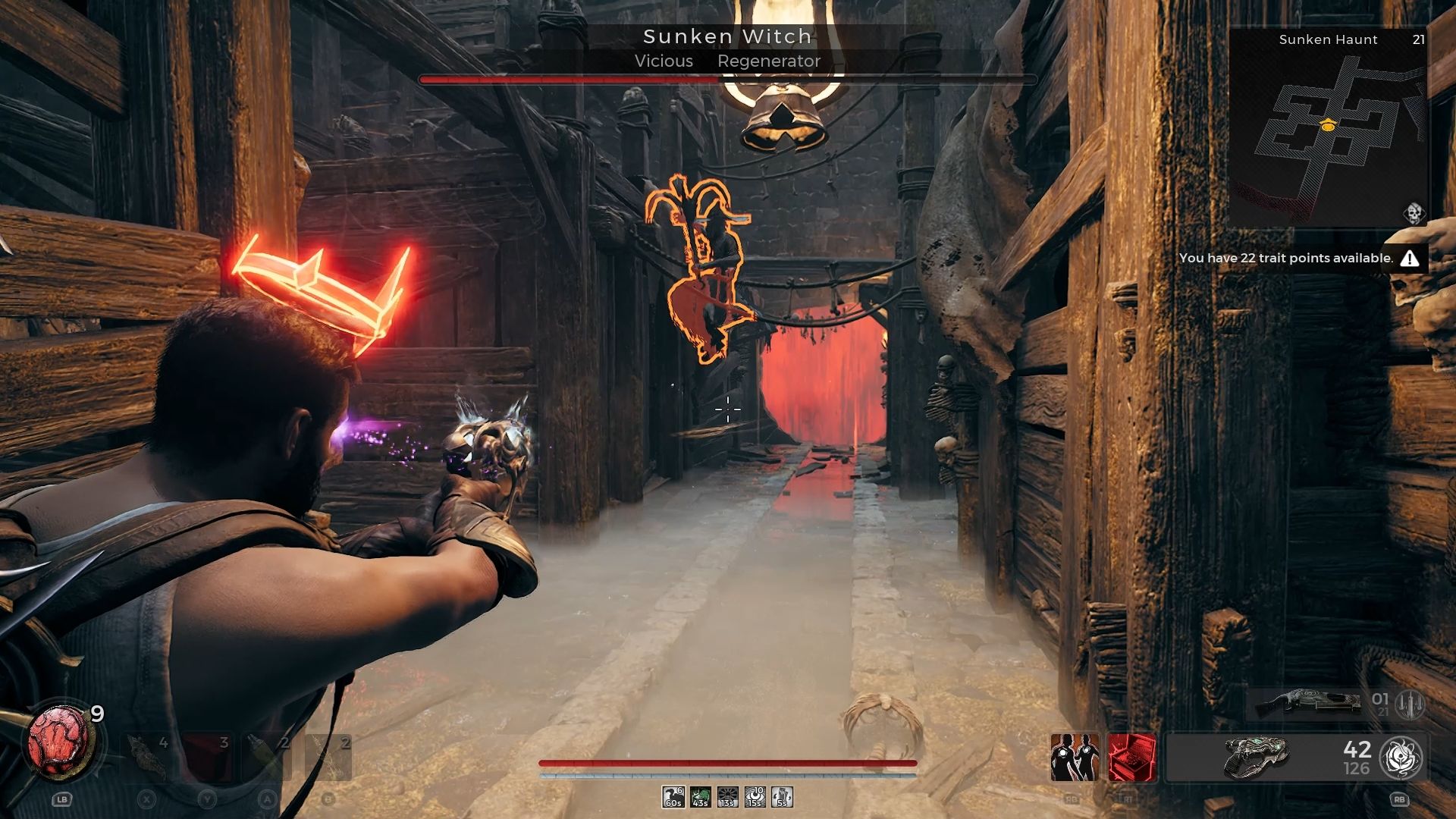 Player is aiming at the Sunken Witch as she is trying to climb to the upper floor Remnant 2 The Awakened King