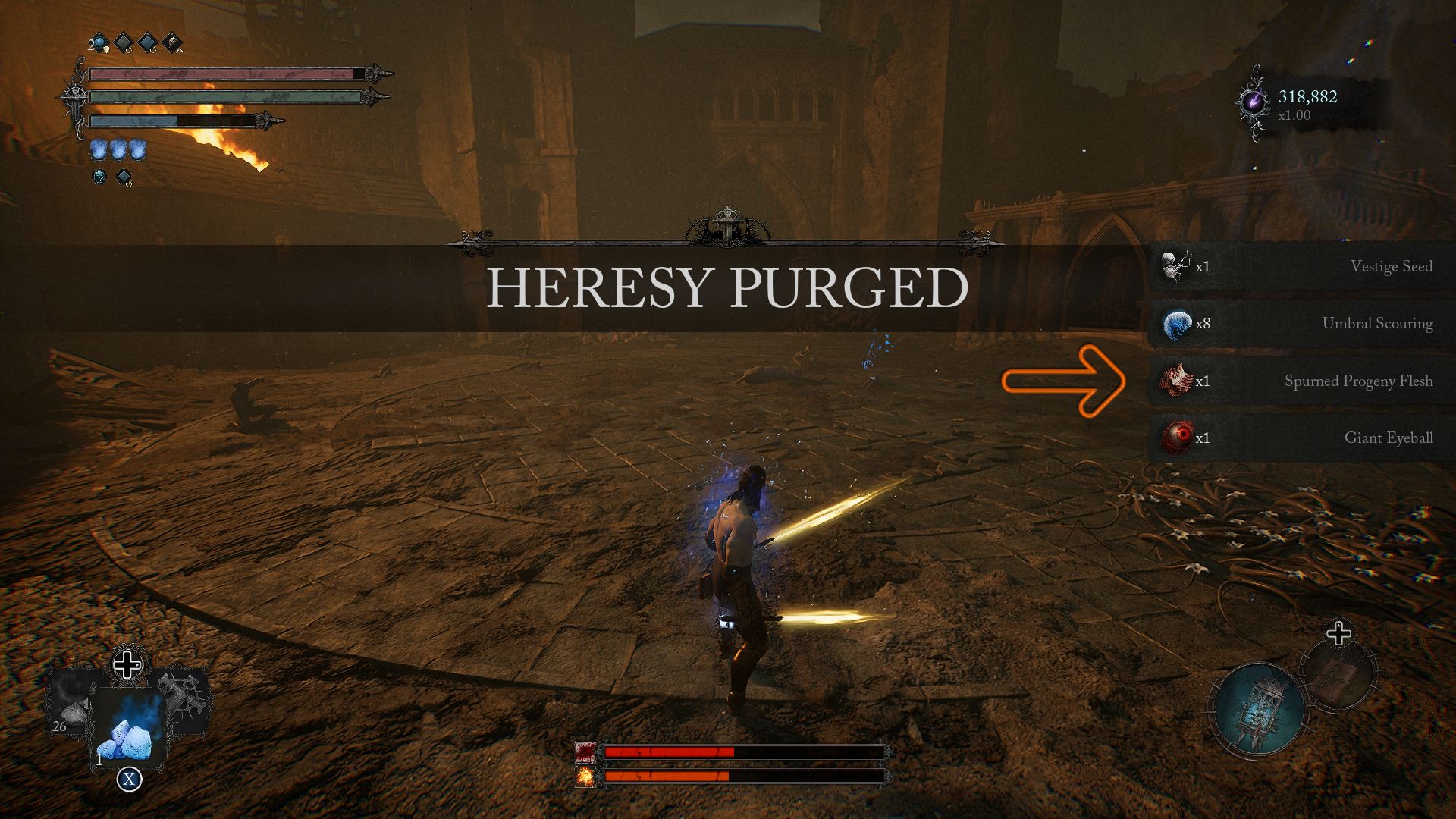 Player just defeated the Spurned Progeny and obtained Spurned Progeny Flesh item, the arrow points out the item Lords of the Fallen