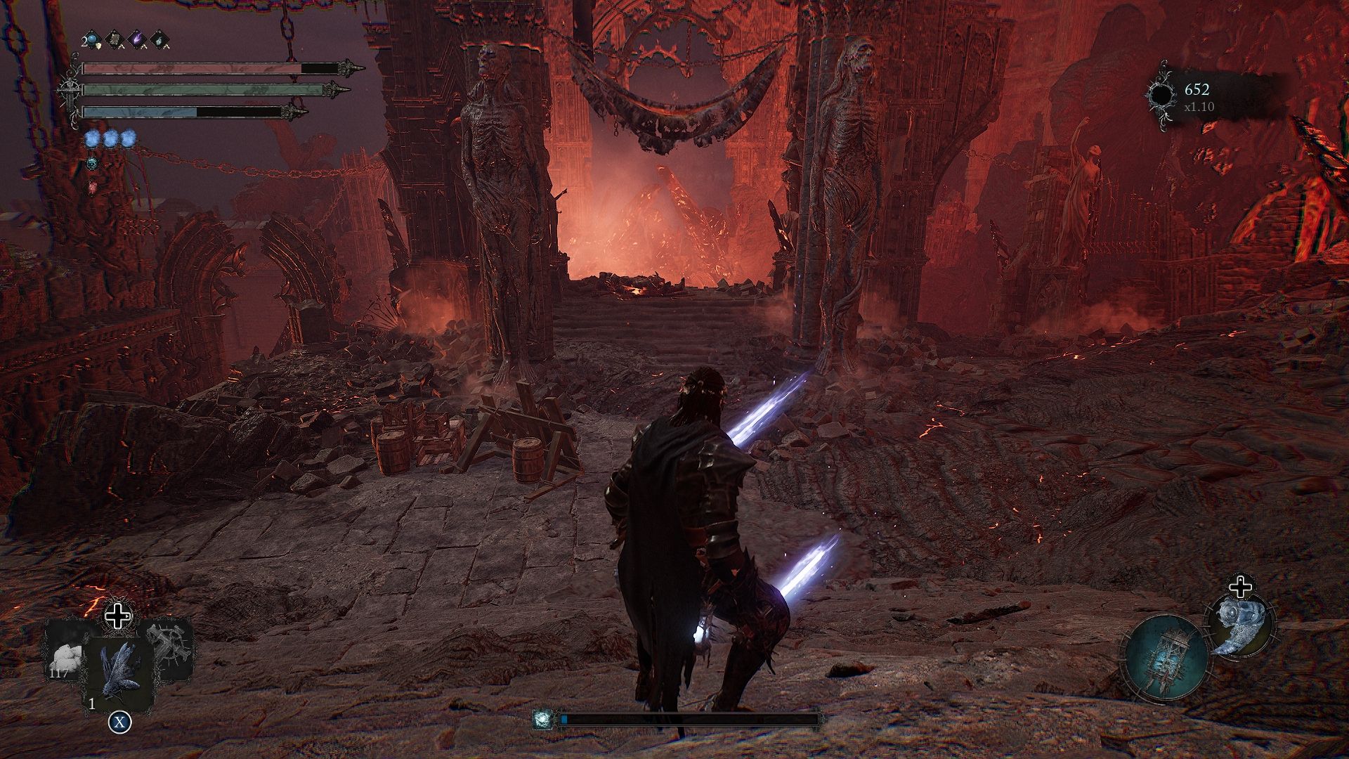 Player standing at the stairs that leads to the Sundered Monarch Lords of the Fallen