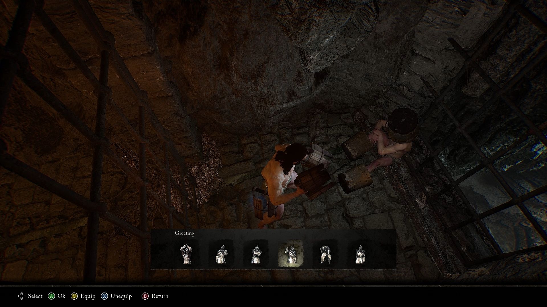Player standing next to the Bucket NPC and about to perfom the emotes needed to start the Way of the Bucket quest Lords of the Fallen