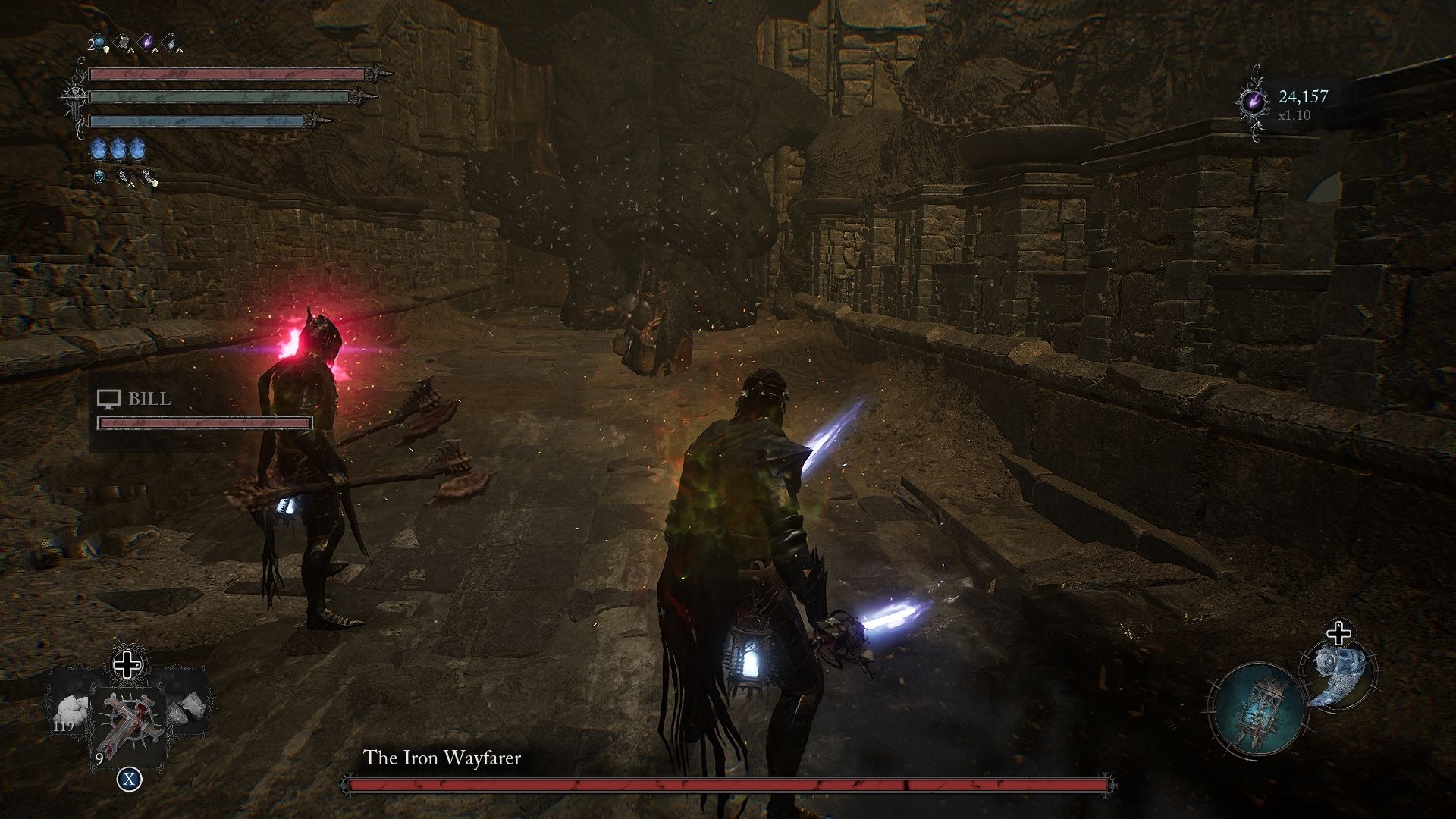 Player with another lampbearer about to fight the Iron Wayfarer Lords of the Fallen
