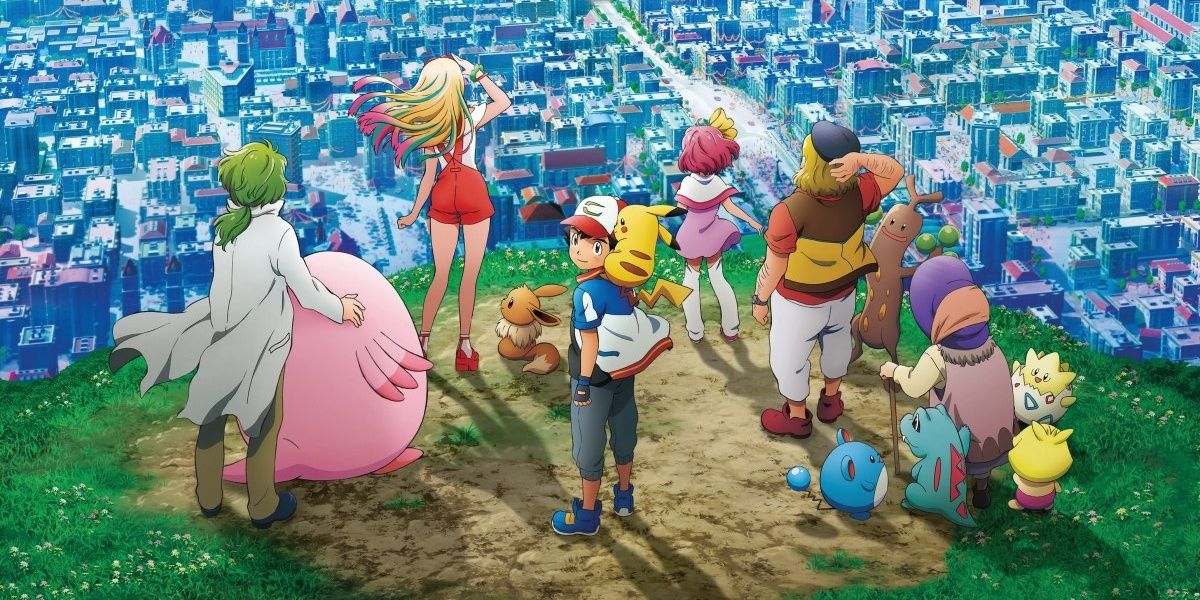 Ash stands with a group of strangers