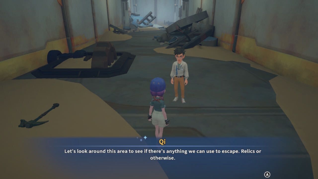 qi and a builder in the abandoned ruins looking for relics my time at sandrock