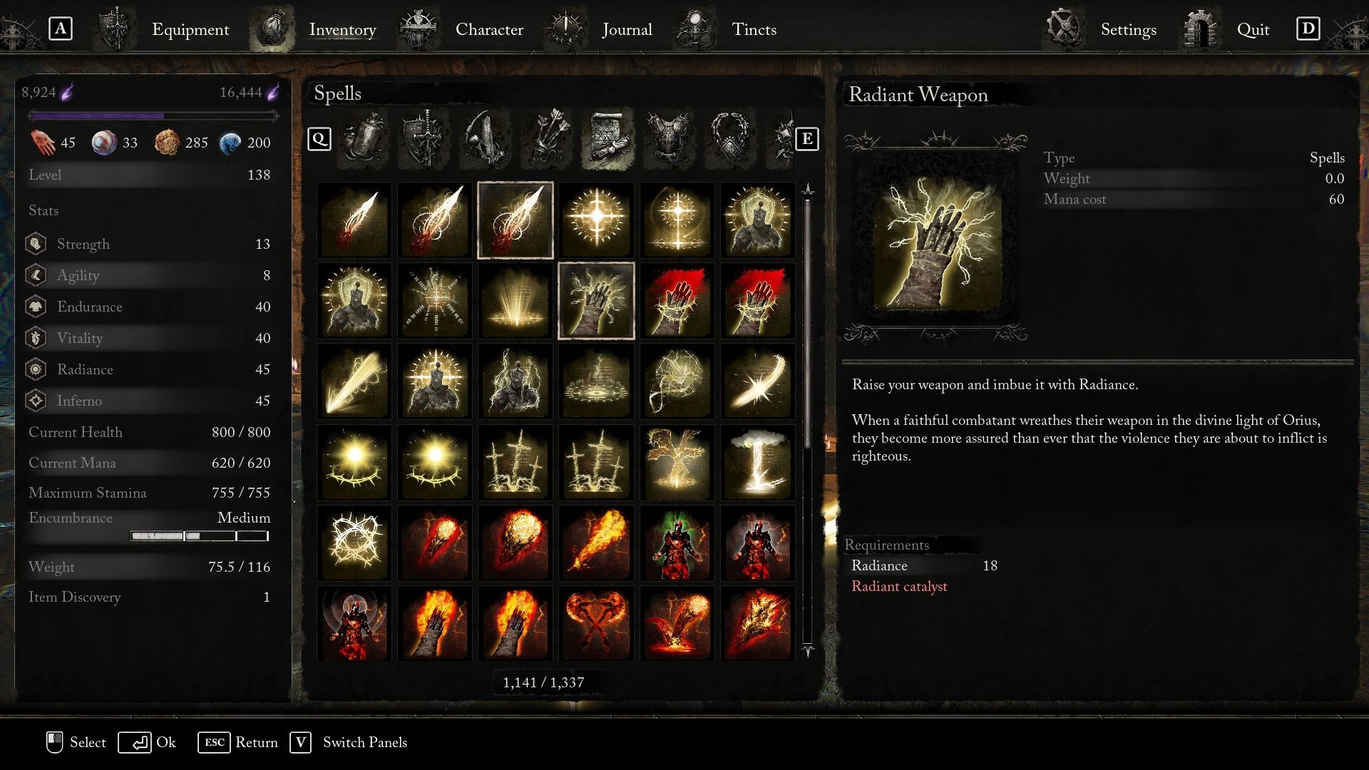Radiant Weapon spell description lords of the fallen