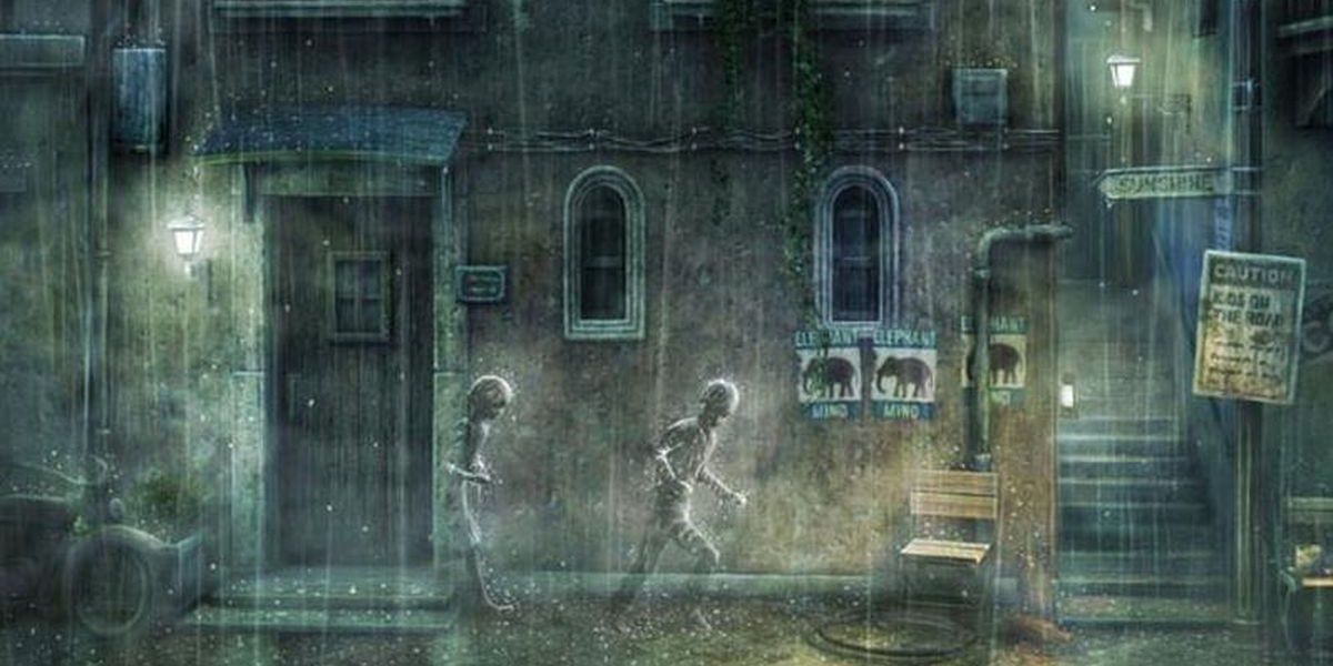 rain game scene with two transparent characters in the rain