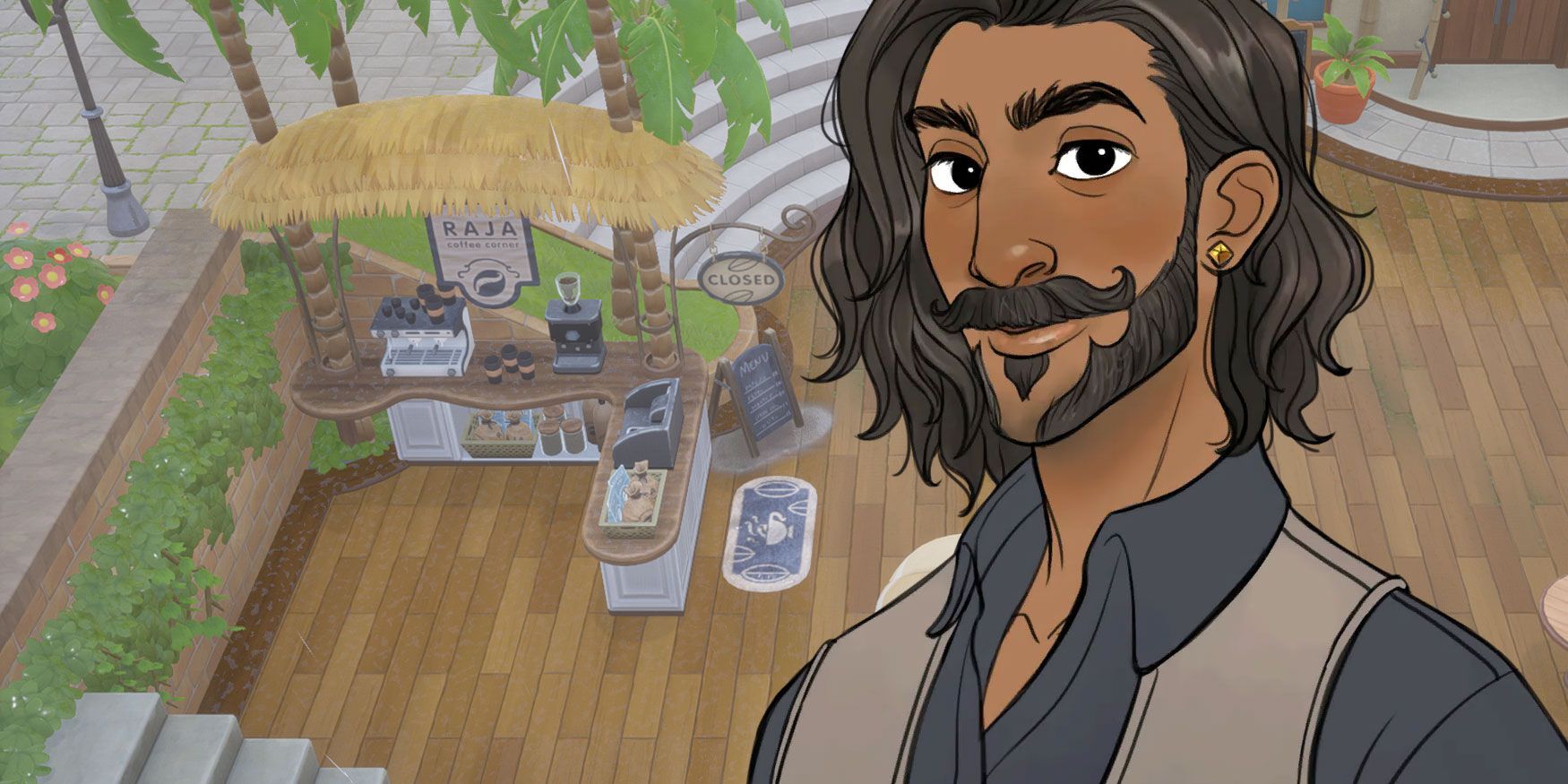 An image of Raj's sprite with his normal expression overlapped over a shot of Raja's Coffee Corner as it is closed during a rainy day in Coral Island.