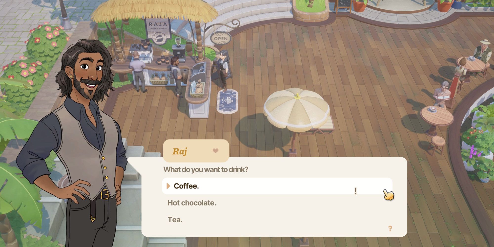 Raj asks the farmer what drink they would like during their second heart event in Coral Island.