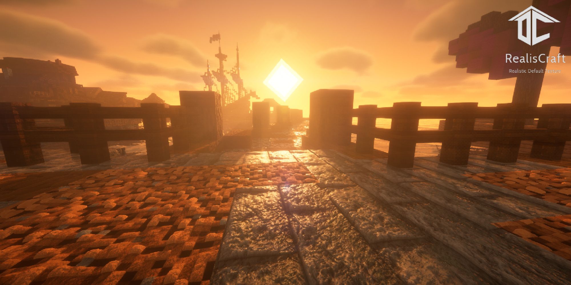 RealisCraft BE Realistic Default Textures stone area with sunset in background