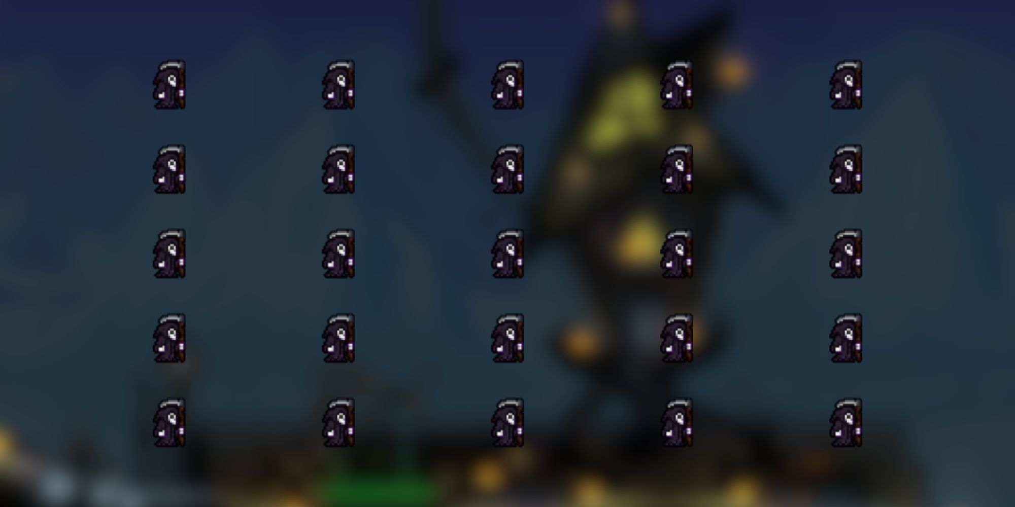 A grid of black and white Reaper costumes from Terraria.