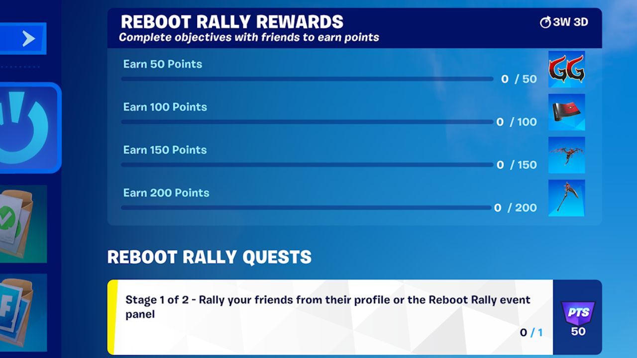 A list of progression towards Reboot Rally Quests with their item rewards.