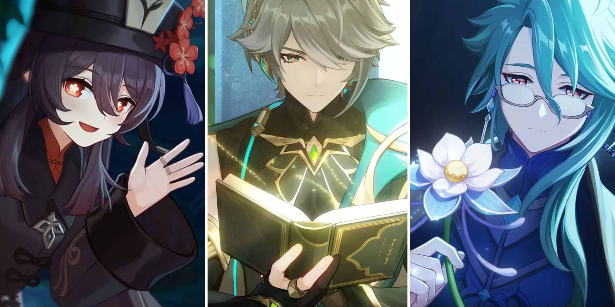 Recommended characters for fighting the Hydro Tulpa - Hu Tao (left), Alhaitham (middle), Baizhu (right)