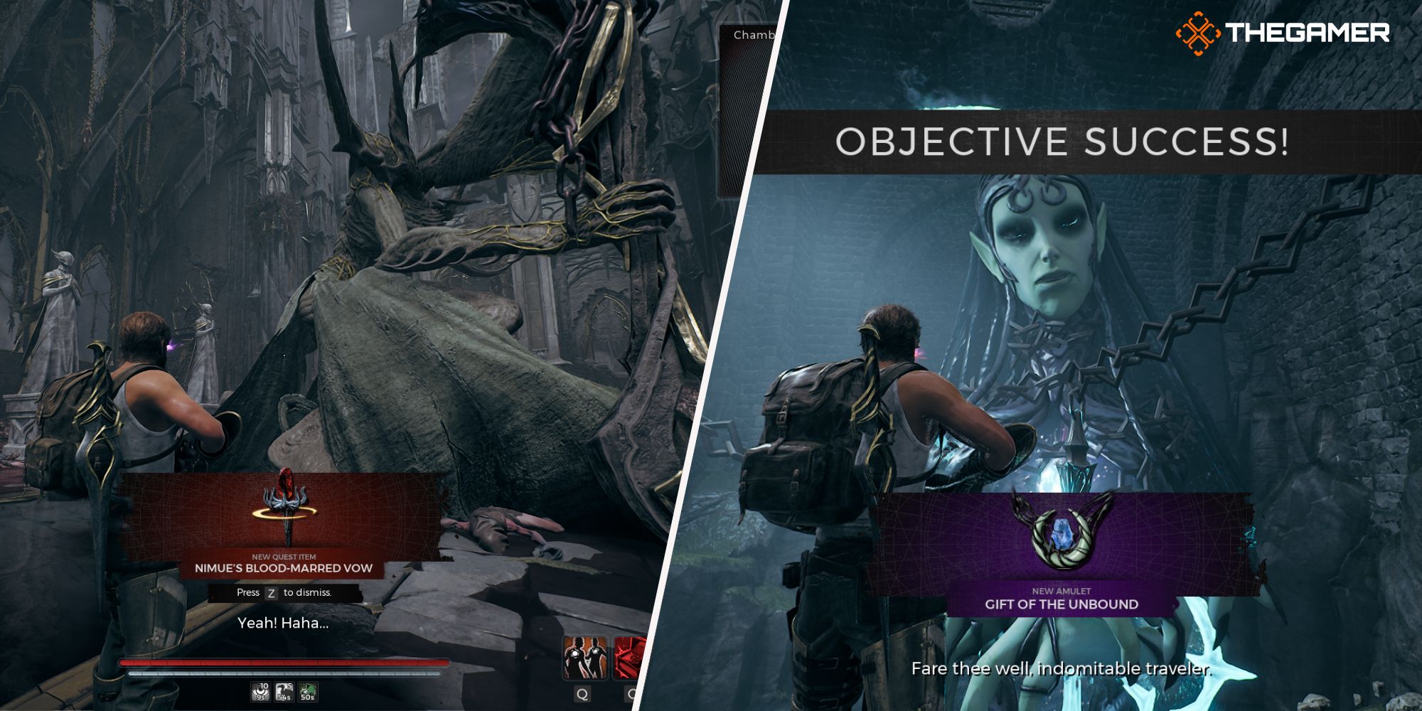 Left: player killed the One True King and obtained Nimue's Blood-Marred Vow - Right: Nimue rewarded the player with Gift of the Unbound Amulet Remnant 2 The Awakened King