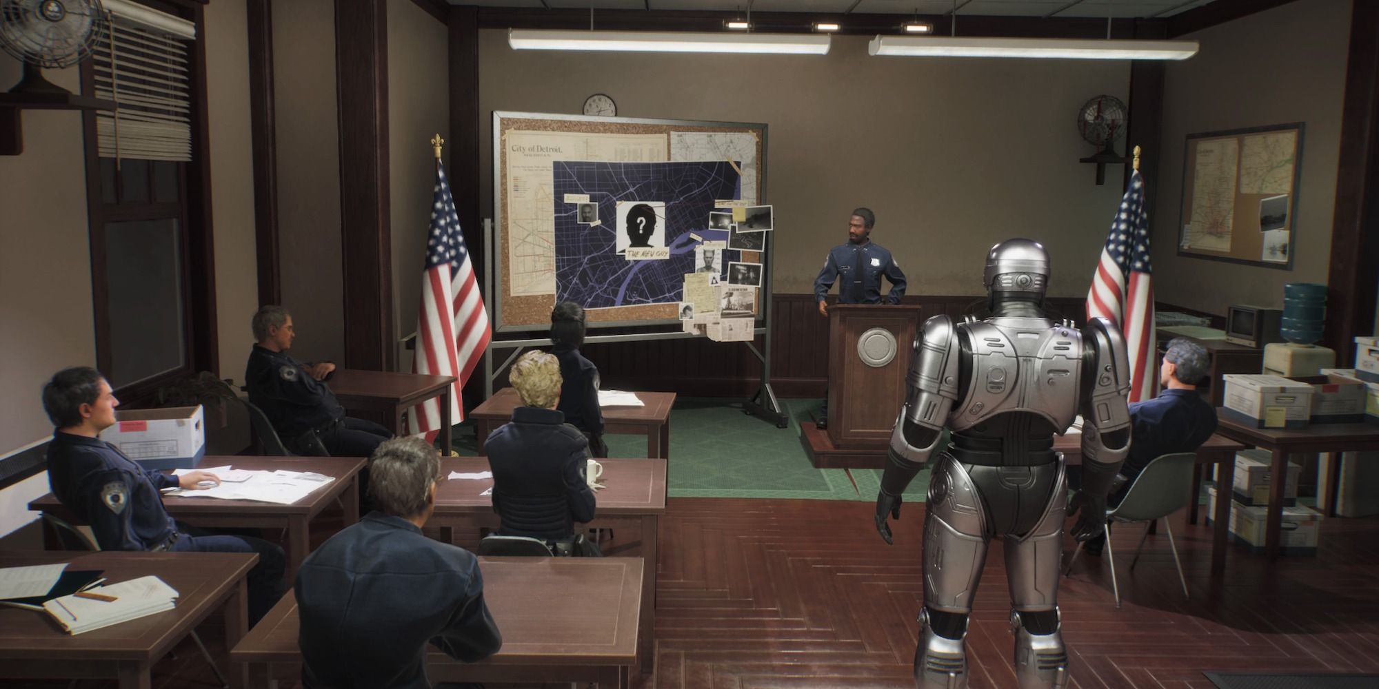 Robocop standing in the Briefing Room
