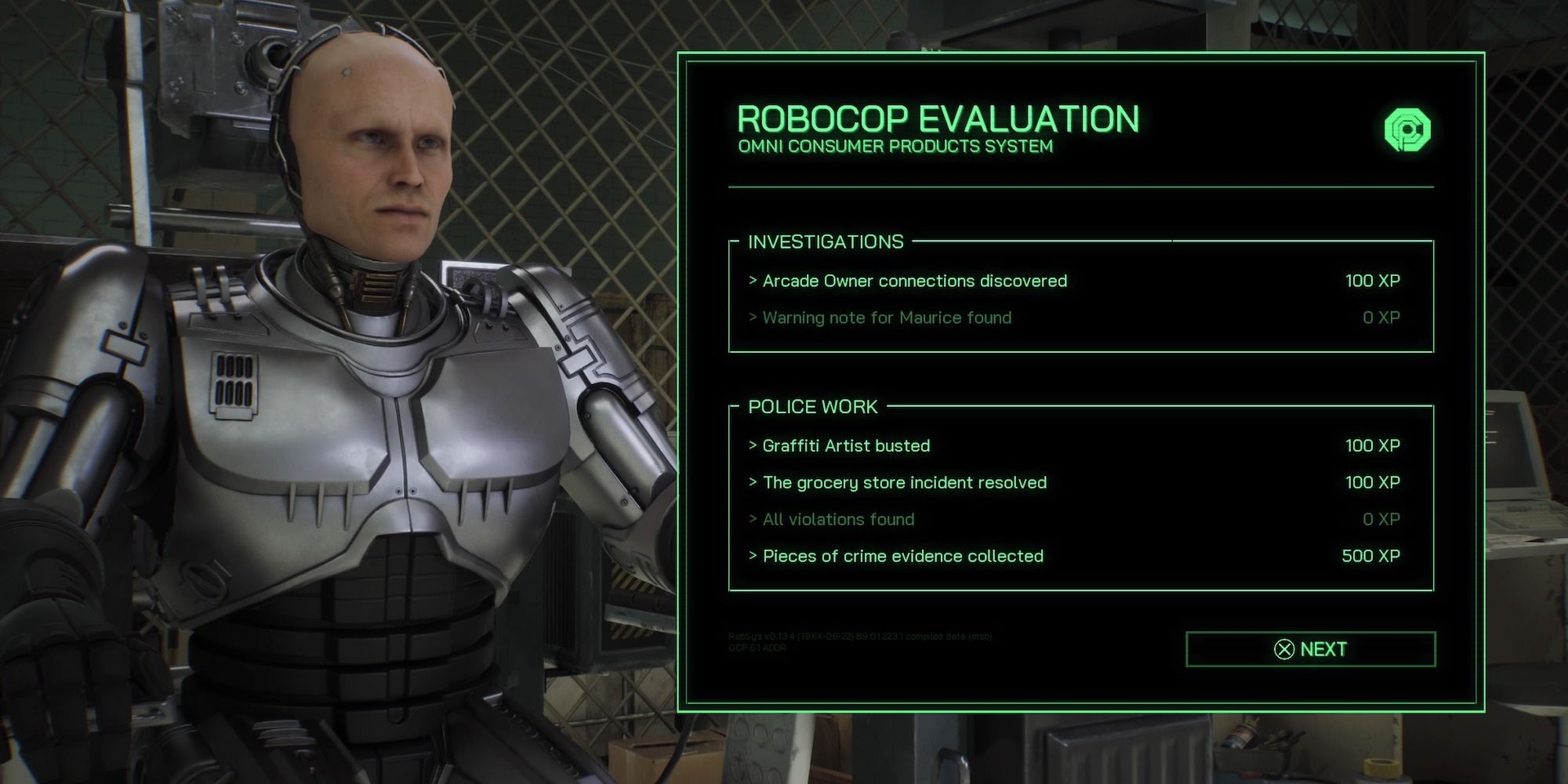 RoboCop sitting with helmet off at end of mission evaluation