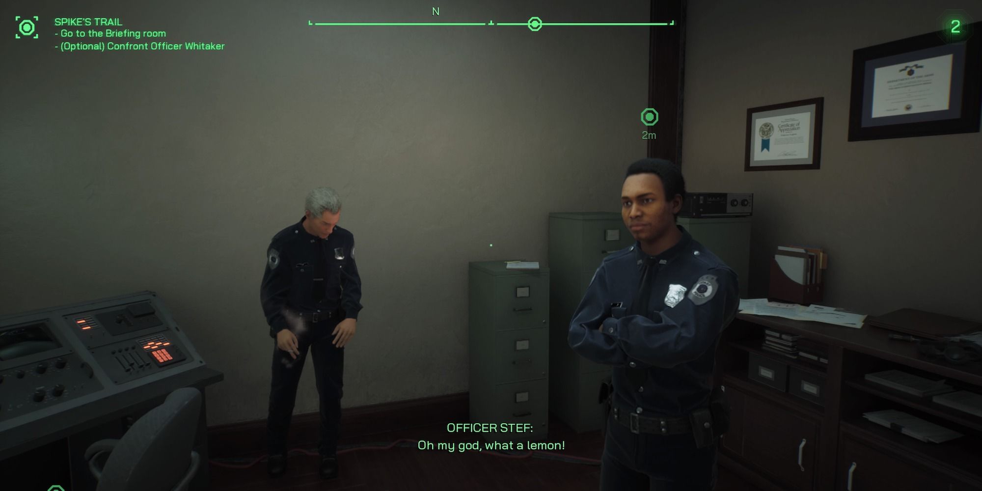 Robocop looking at two officers in the police station