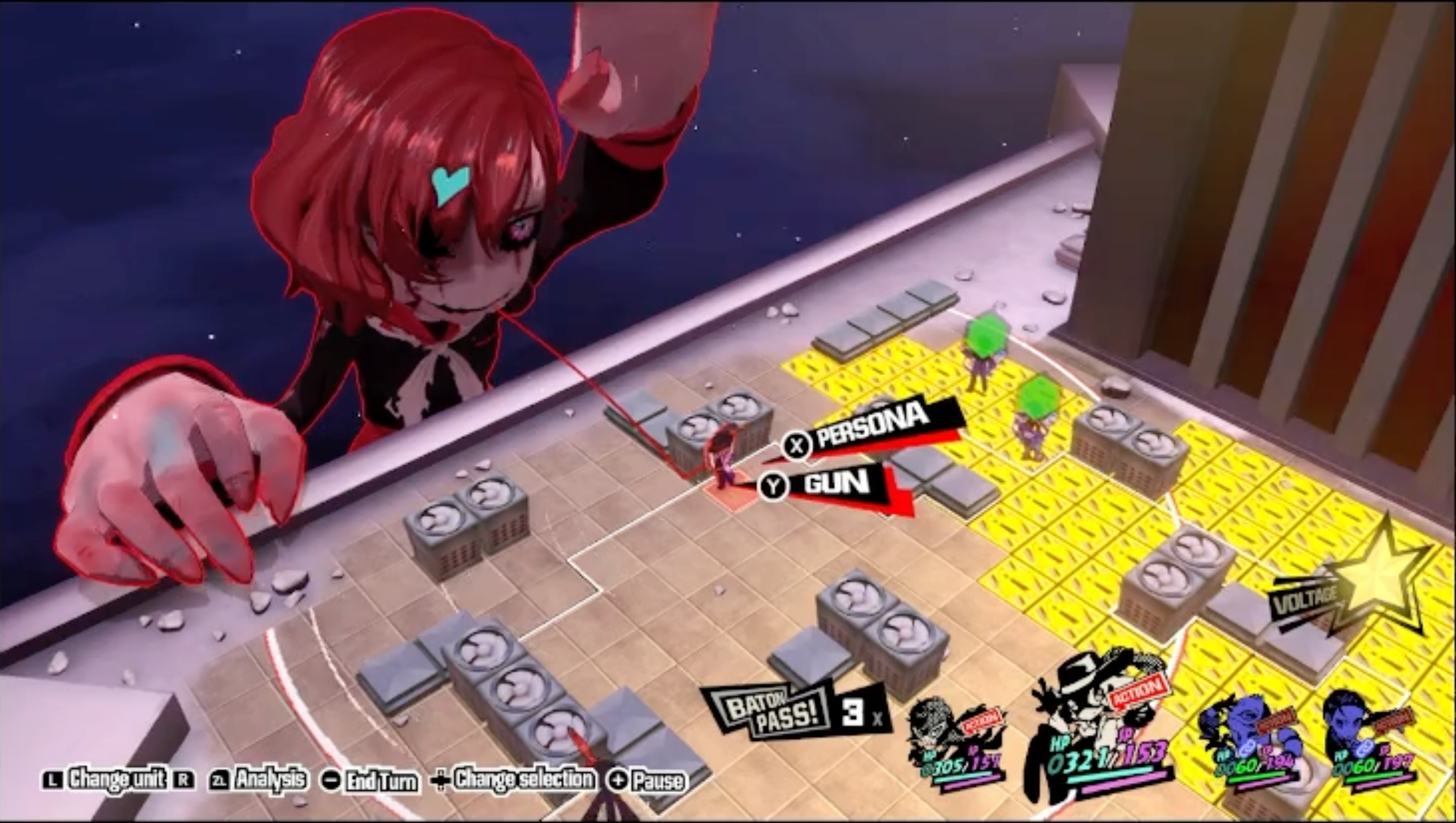 A screenshot of Persona 5 Tactica showing the effects of the move chains of the sinner, which moves your party members into the range of a powerful attack