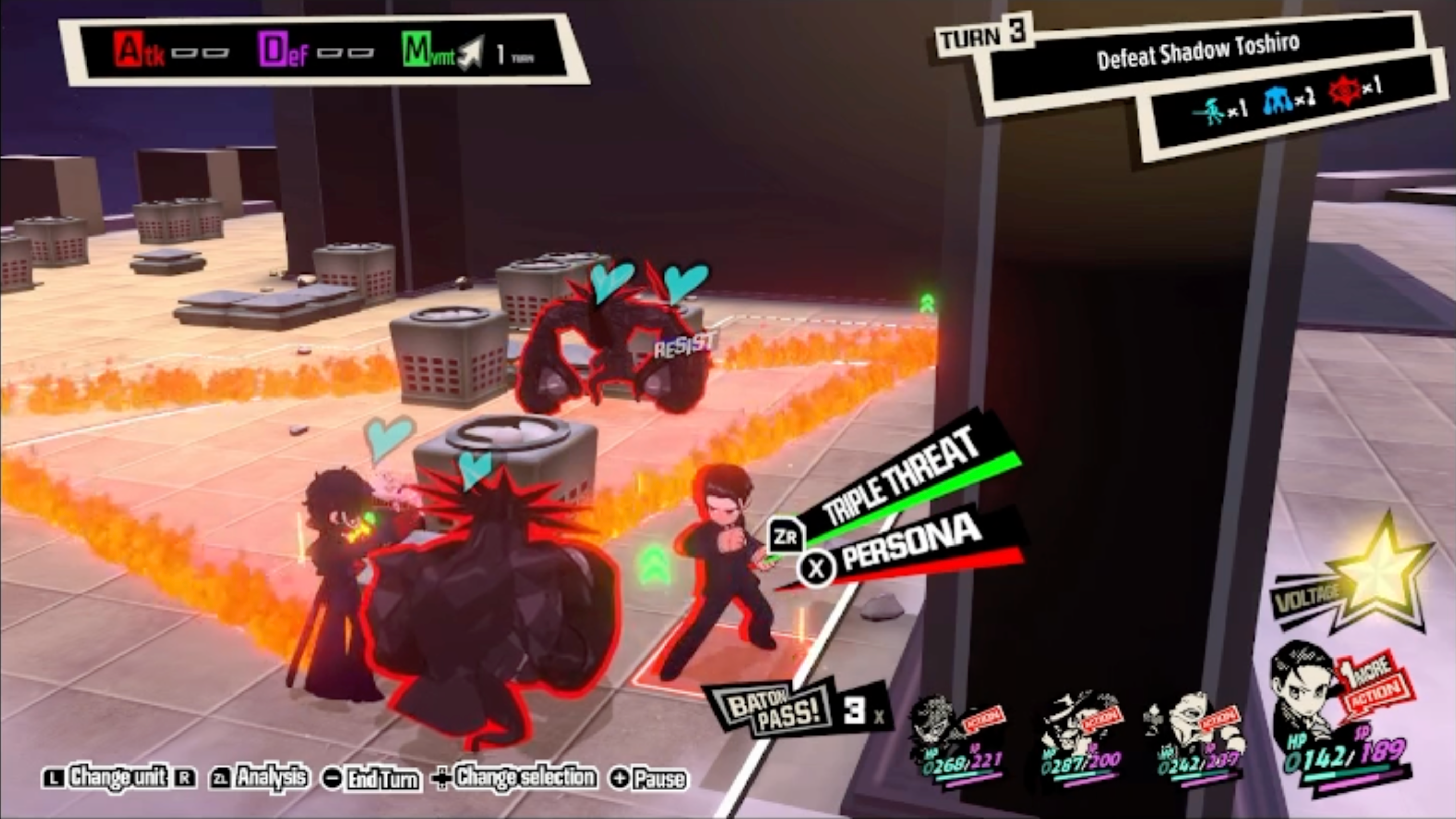 A screenshot of Persona 5 Tactica showing Toshiro able to activate an All-Out Attack