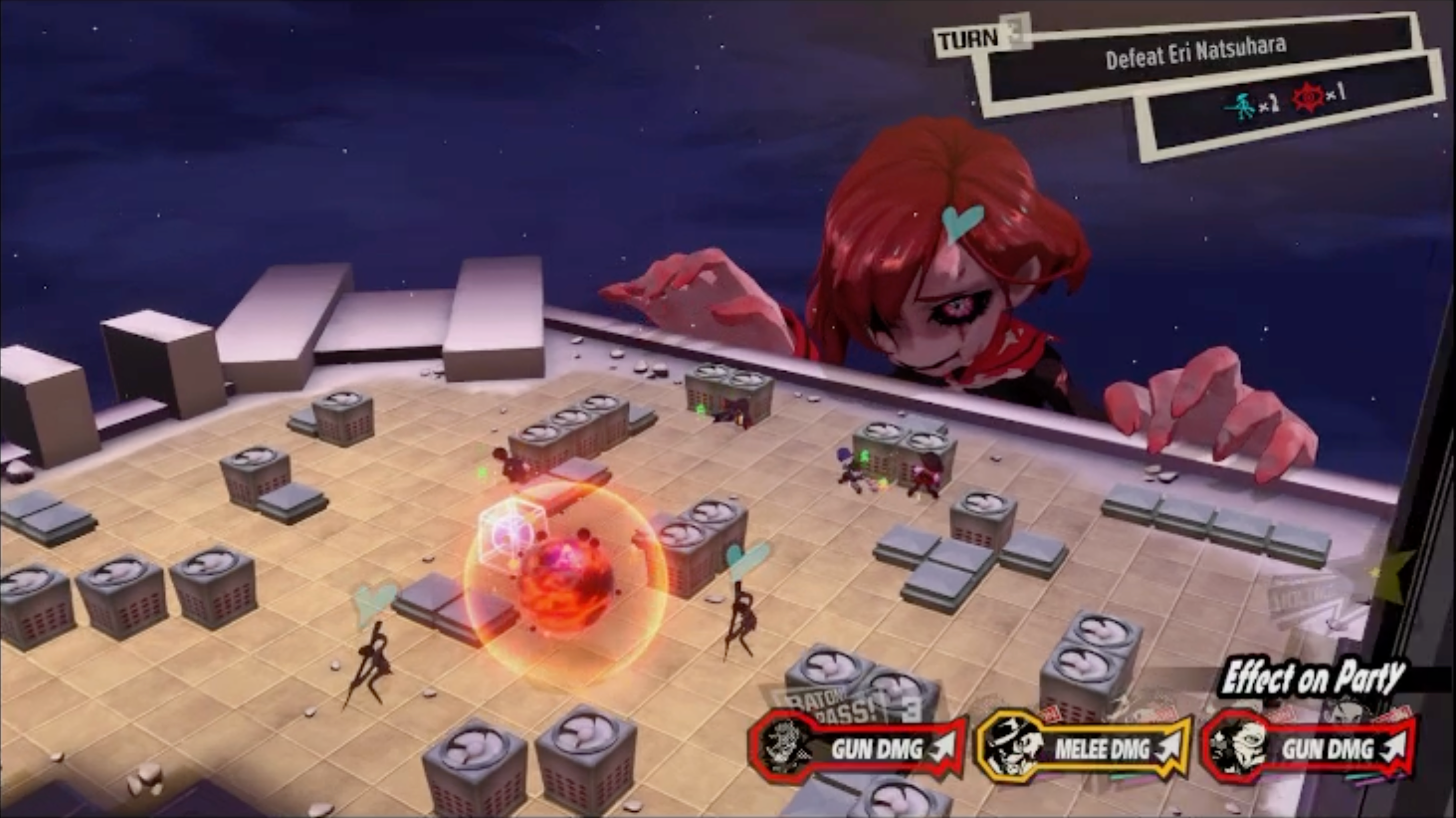 A screenshot of Persona 5 tactica where there is a large orange spherer in he center of the map