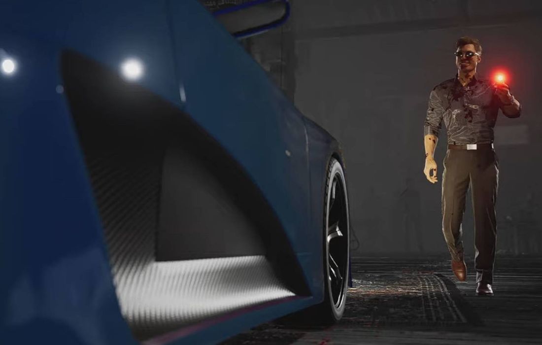 Johnny Cage smiles and walks towards his car while opening the car door with the key fob in MK1.