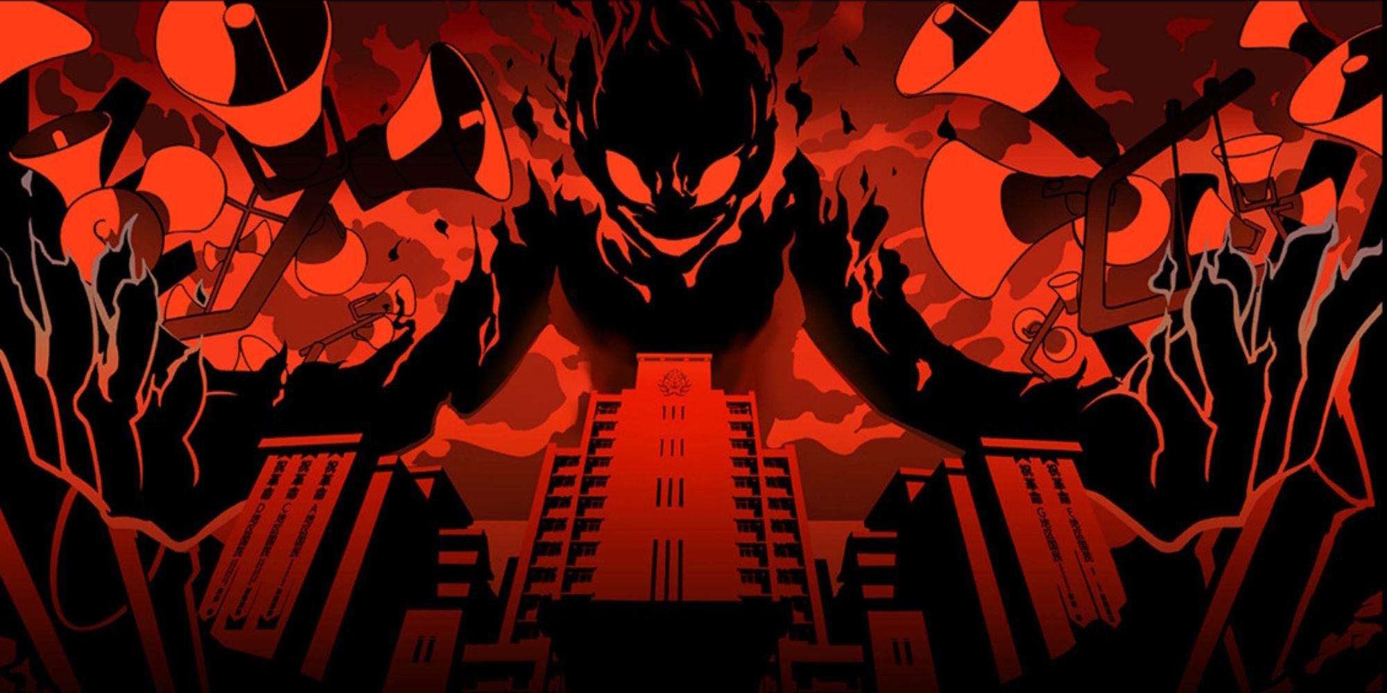 A screenshot of Persona 5 Tactica showing the true final boss of the third kingdom, a burning silhouette of Shadow Toshiro