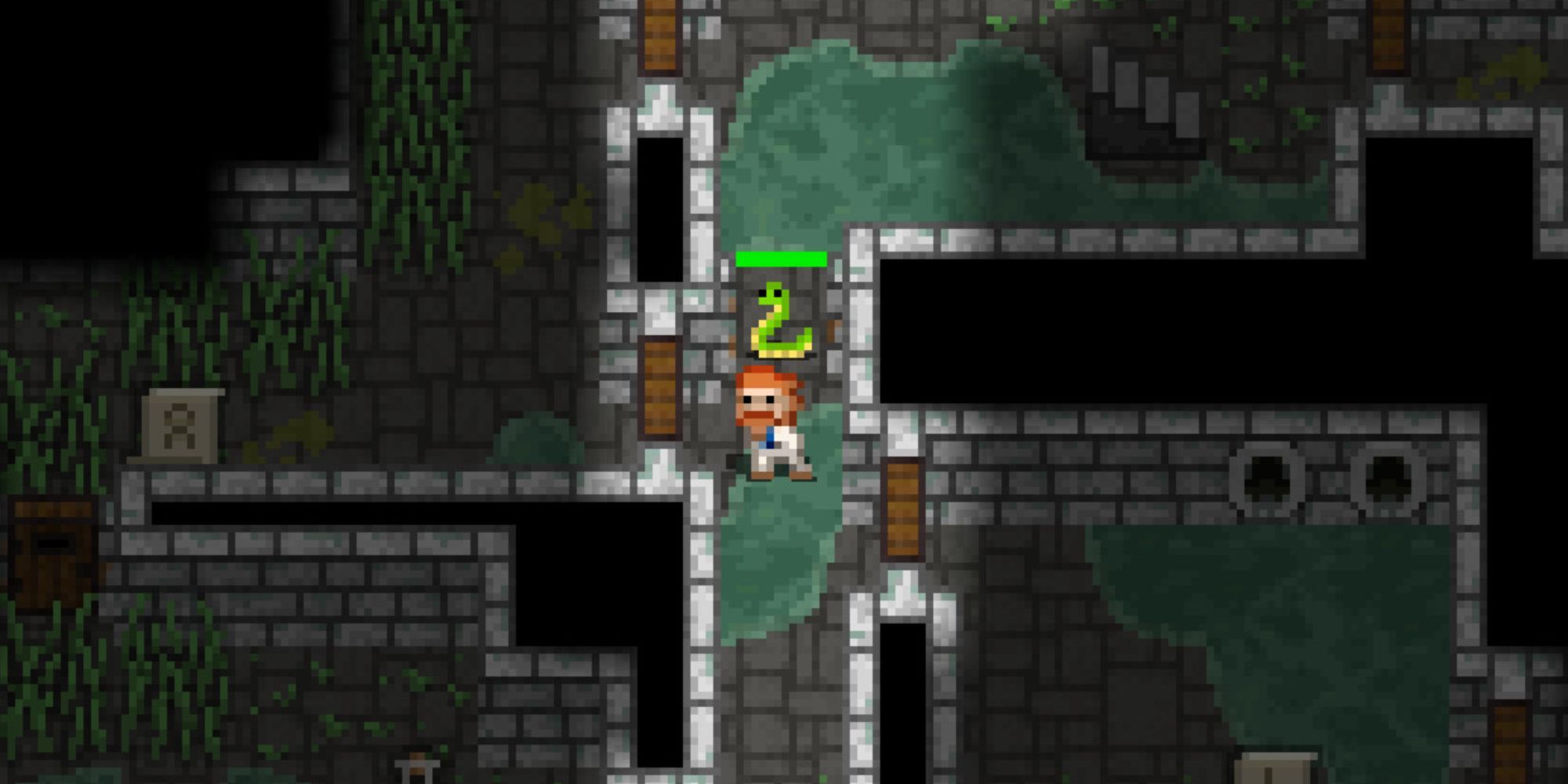 A pixelated character with white clothes and orange hair fights a green snake in a watery stone dungeon.