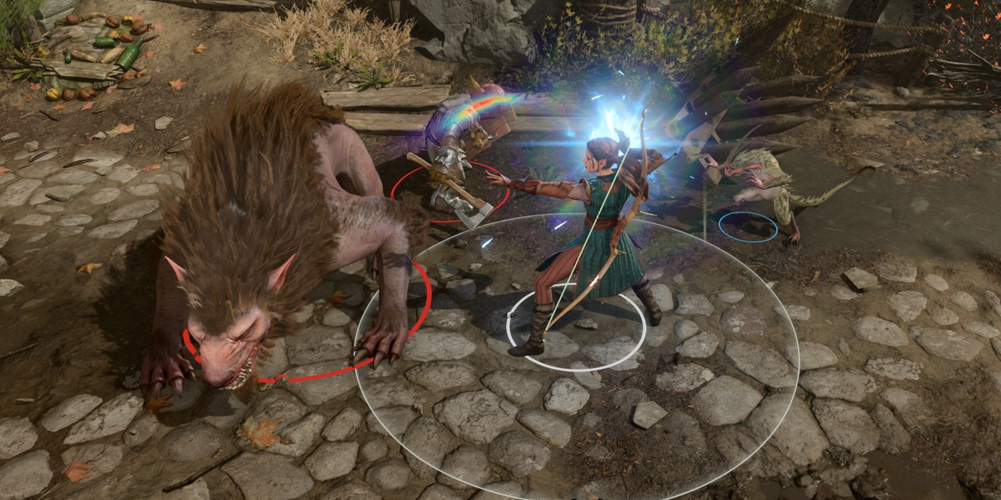An image of a female sorcerer casting Shocking Grasp on an enemy Warg