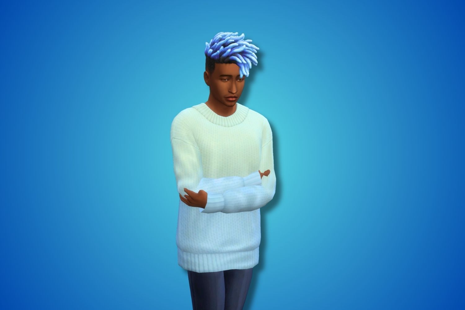 A masculine Sim with blue and black hair stands somberly in a blue sweater.