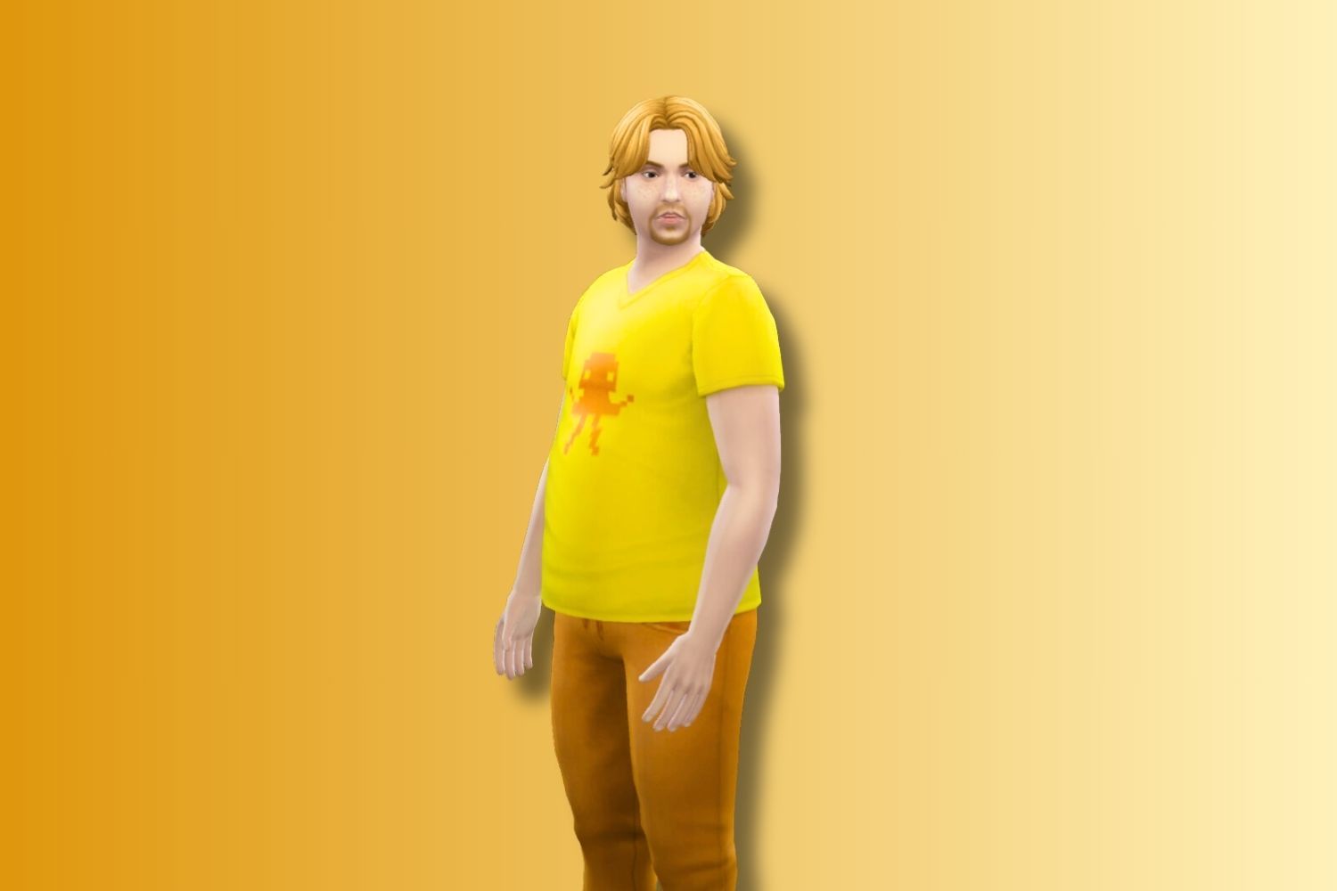 A masculine Sim with yellow hair wears an all-yellow outfit. 