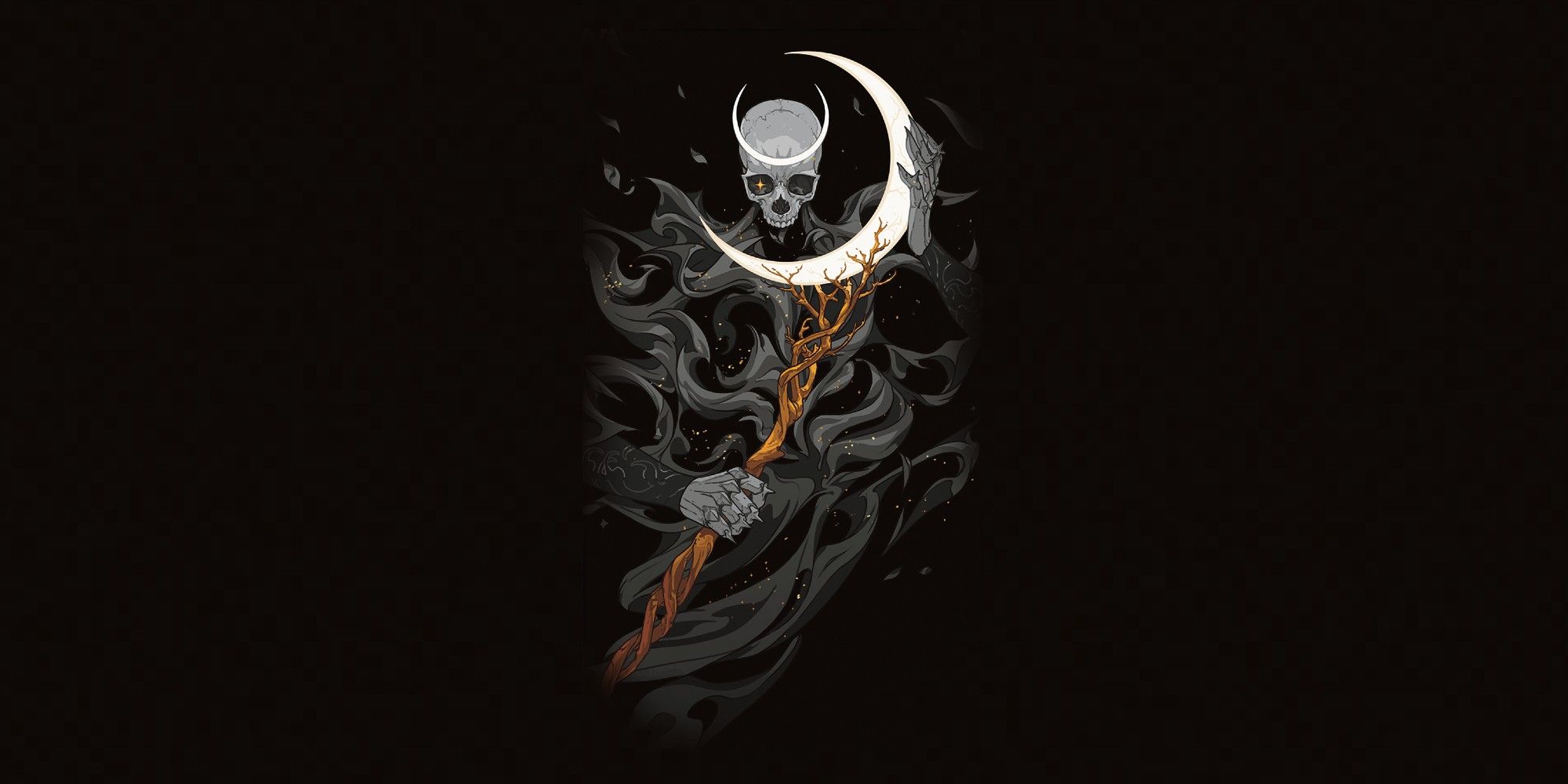 a grim reaper with a moon like sythe in the darkness