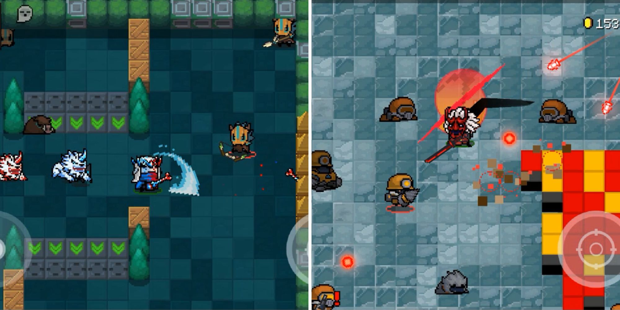A split image of a pixelated character swinging a bone, and a pixelated, red samurai with a red katana in an icy environment.