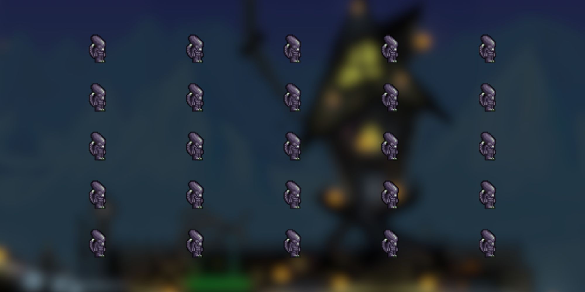 A grid of purplish-black Alien costumes in Terraria.