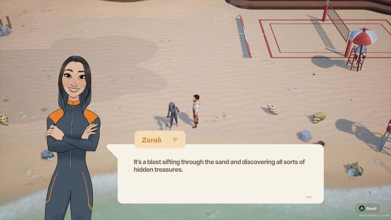 Talking to Zarah as she searches for treasure on the beach.