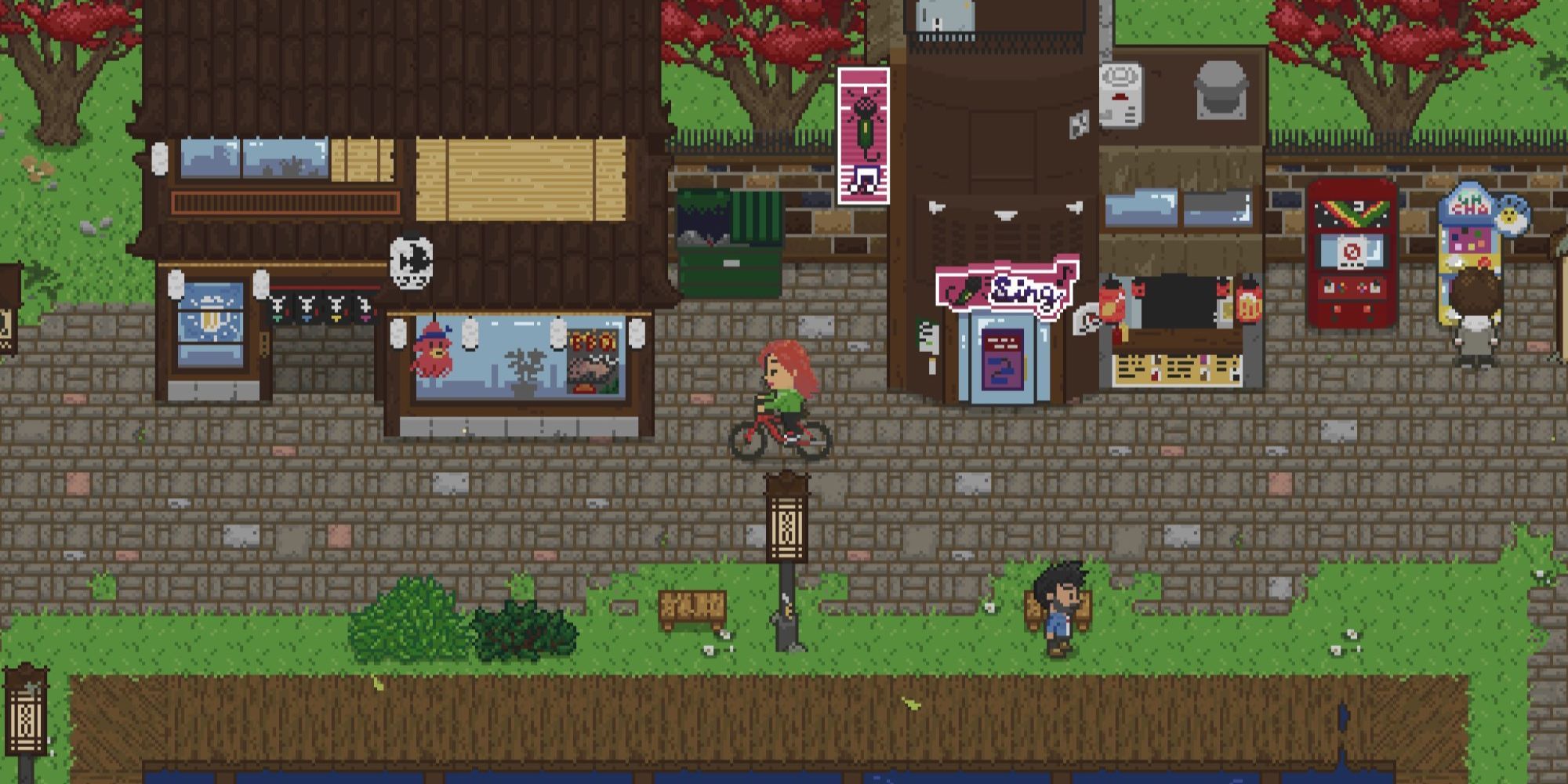Spirittea screenshot showing character riding bike through town