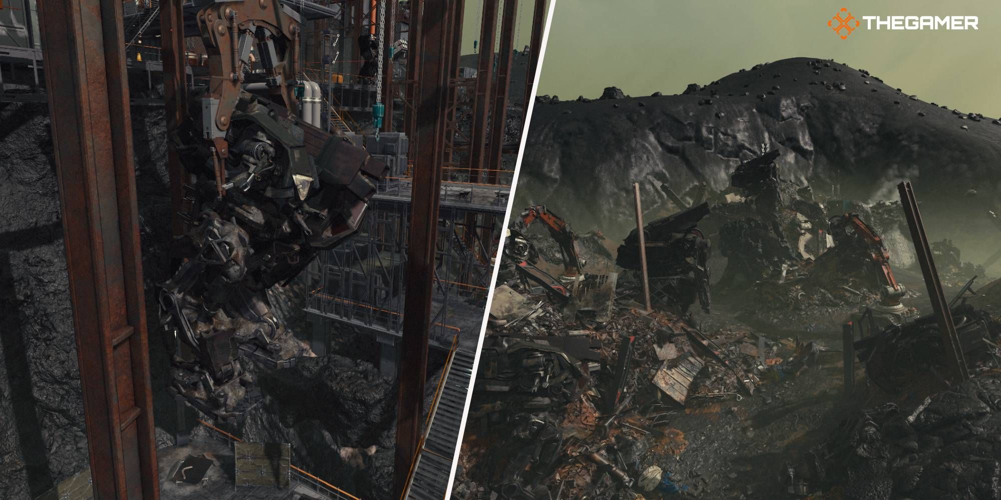 Left, a mech hanging at a salvage yard. Right, a destroyed debris-filled battlefield.