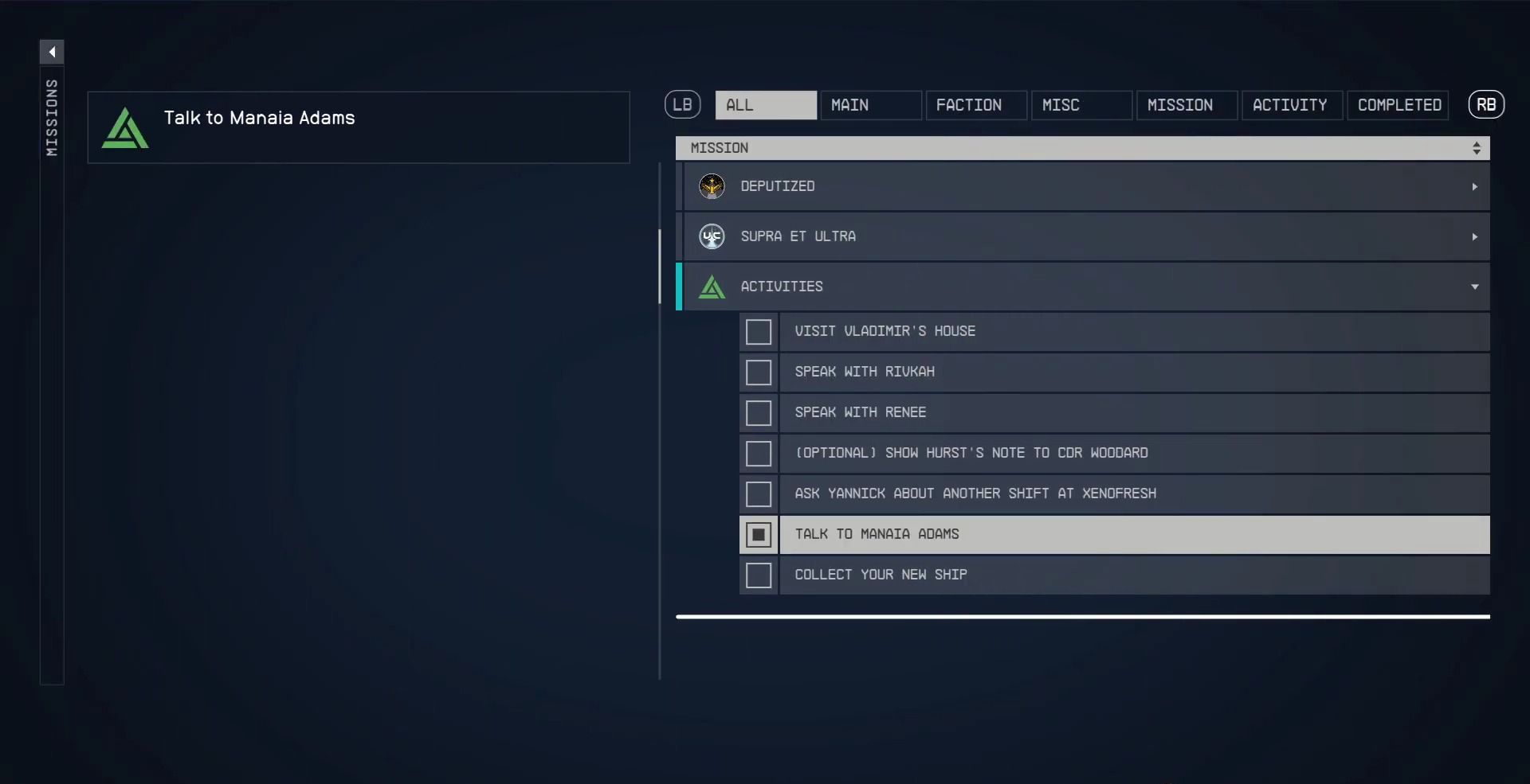 A screenshot of the in-game menu at the start of DIrty Laundry Starfield. 